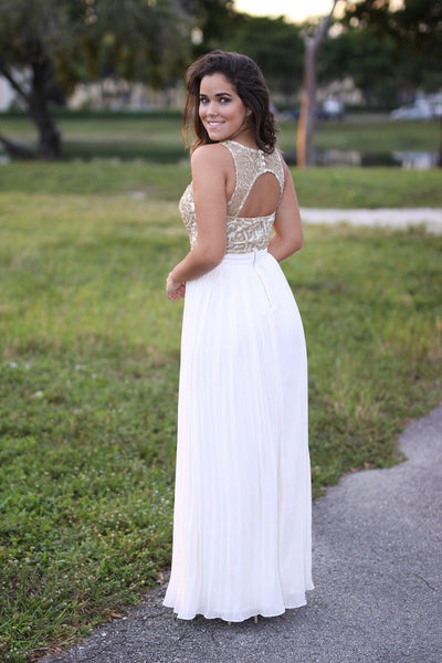 Cream and Gold Pleated Maxi Dress