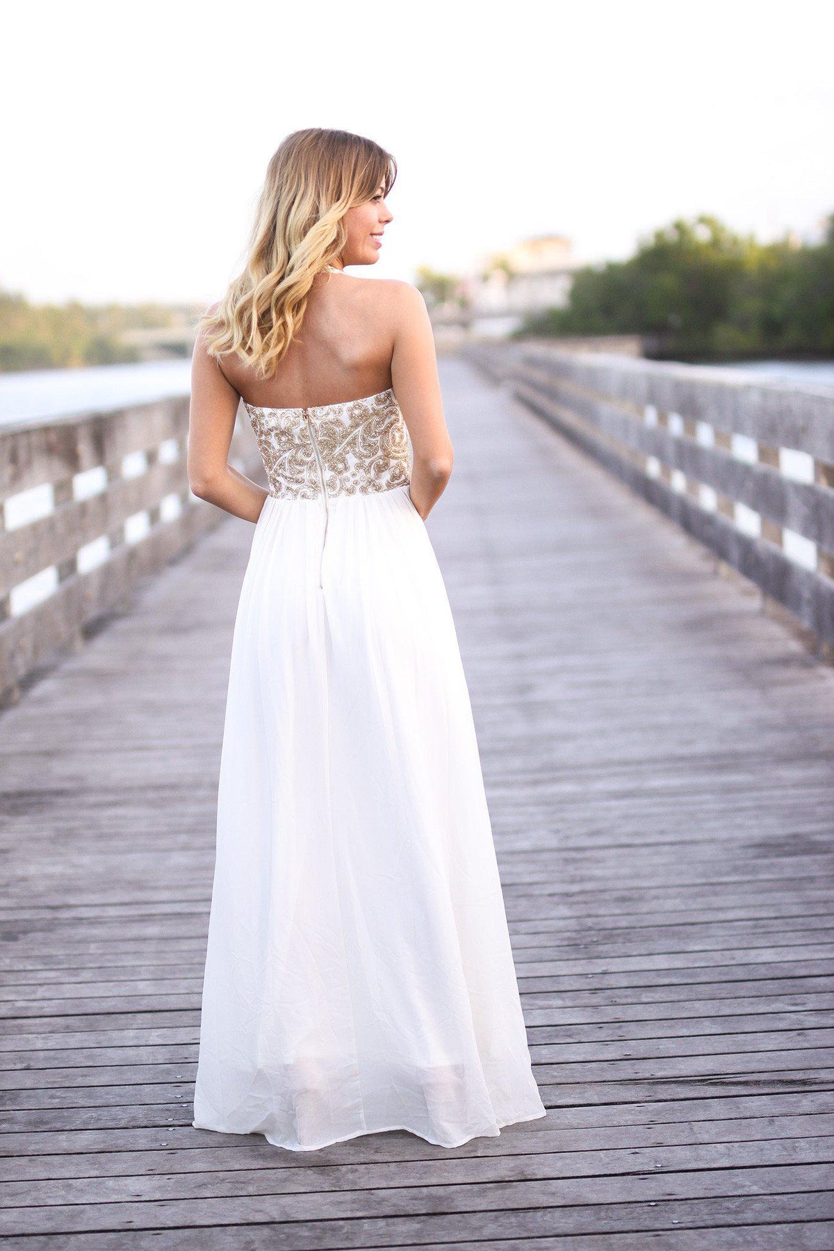 Cream and Gold Halter Neck Maxi Dress | Beautiful Dresses Saved by the Dress Cream and Gold Halter Neck Maxi Dress | Beautiful Dresses Saved by the Dress