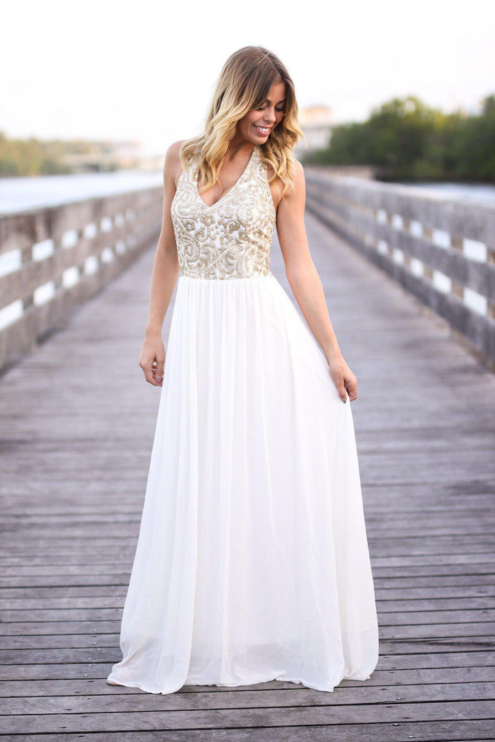 Cream and Gold Halter Neck Maxi Dress