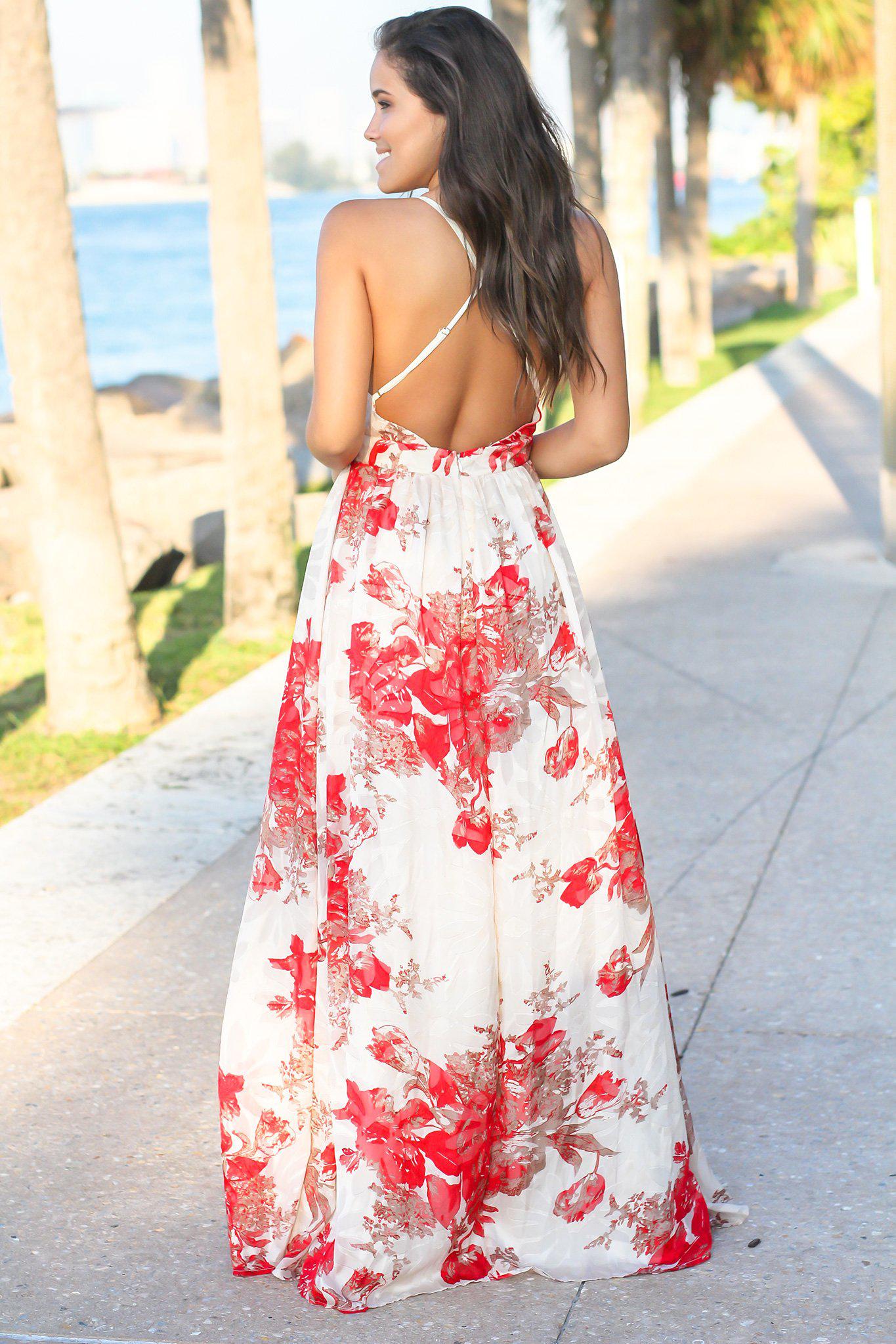 Cream and Red Floral Chiffon Maxi Dress