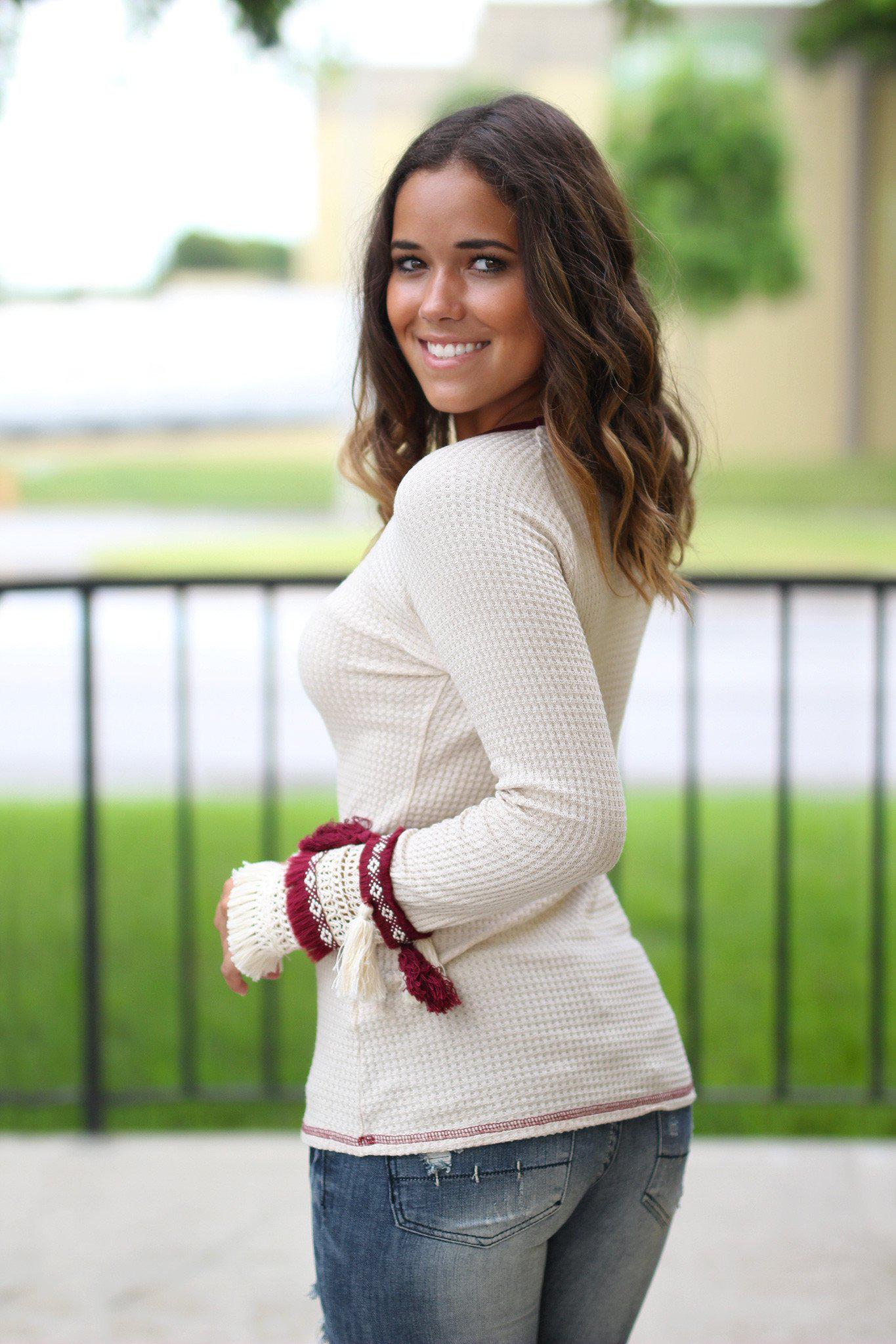Cream and Wine Top with Tassels
