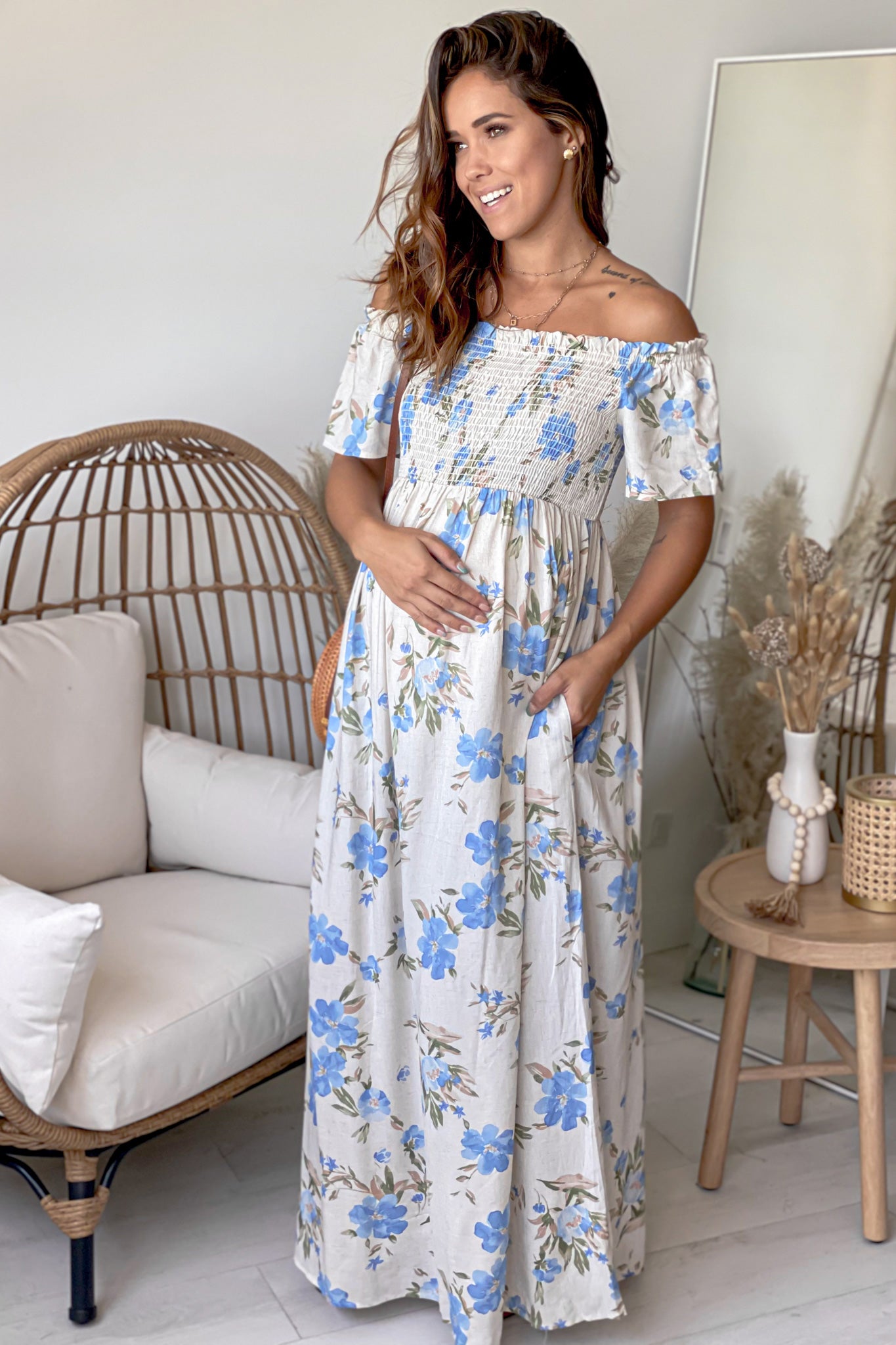 Cream and Blue Off Shoulder Maternity Maxi Dress