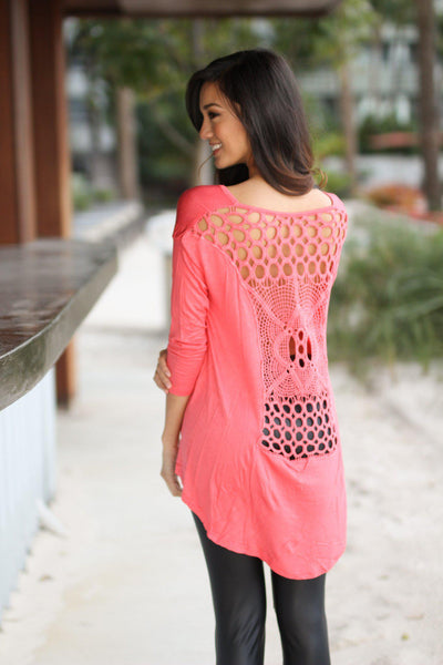 Coral High-Low Top with Crochet Back