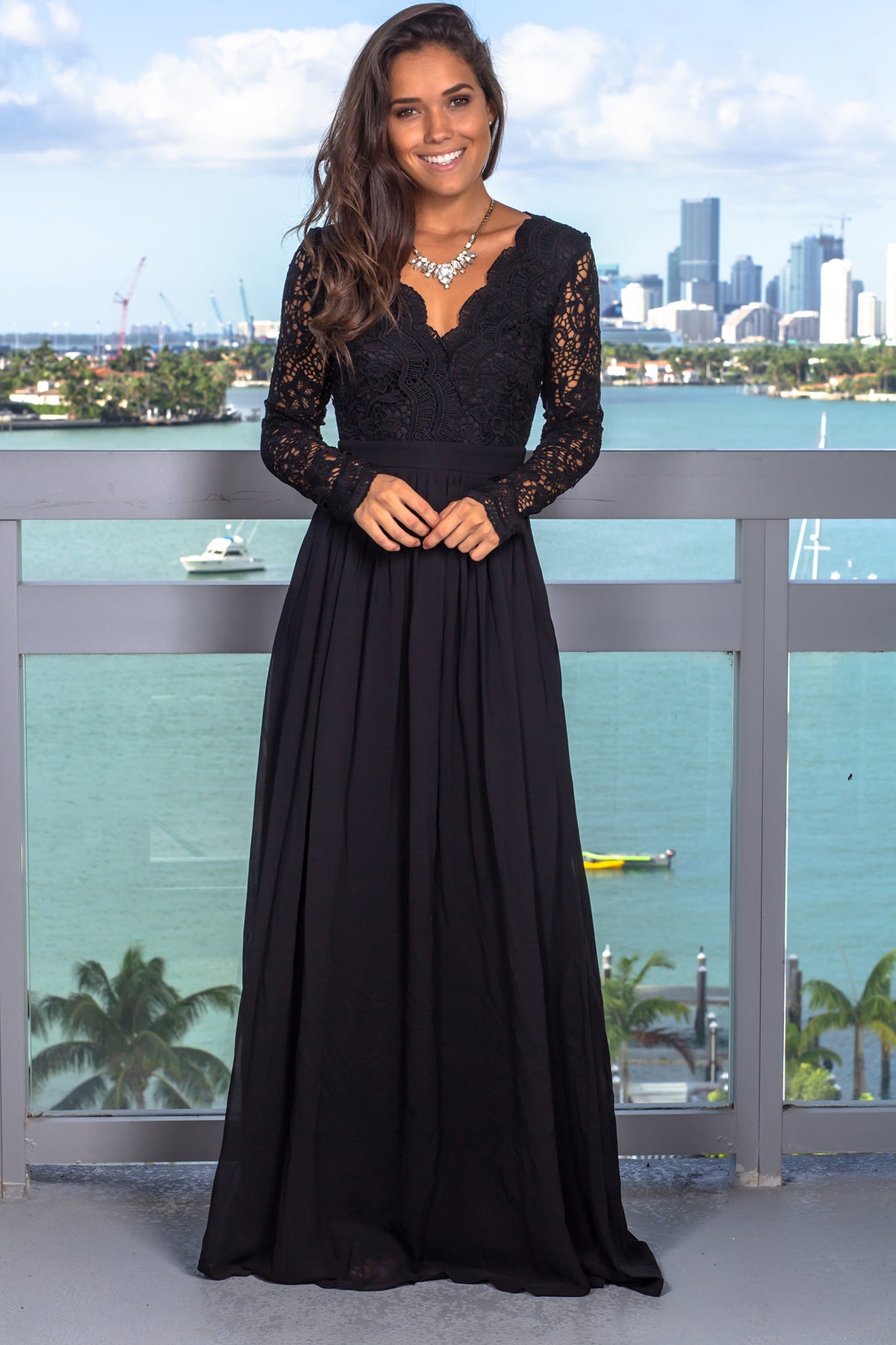 Black Crochet Maxi Dress with Open Back and Long Sleeves | Maxi Dresses ...