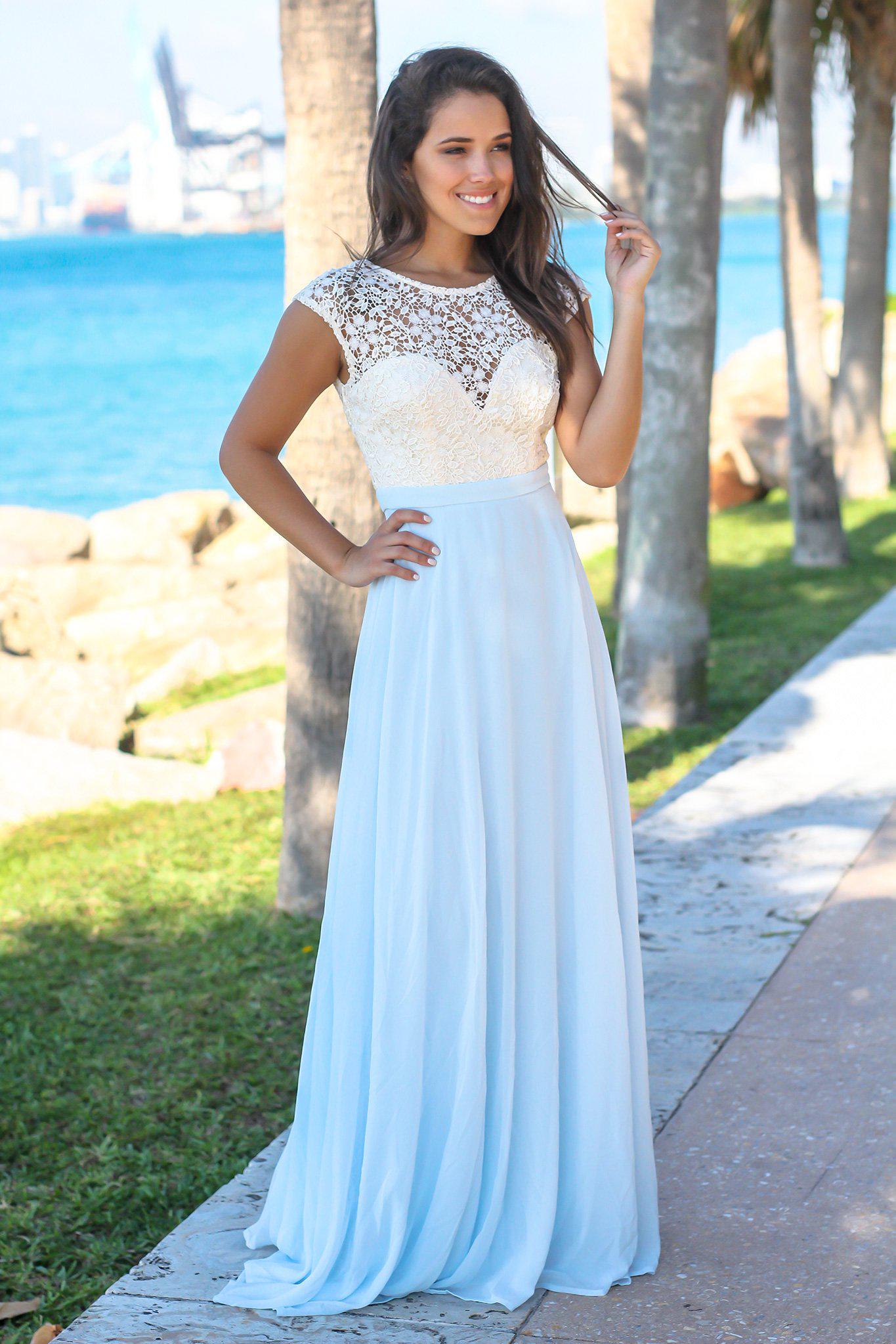 Light Blue Maxi Dress with Crochet Top | Maxi Dresses Saved by the Dress Light Blue Maxi Dress with Crochet Top | Maxi Dresses Saved by the Dress