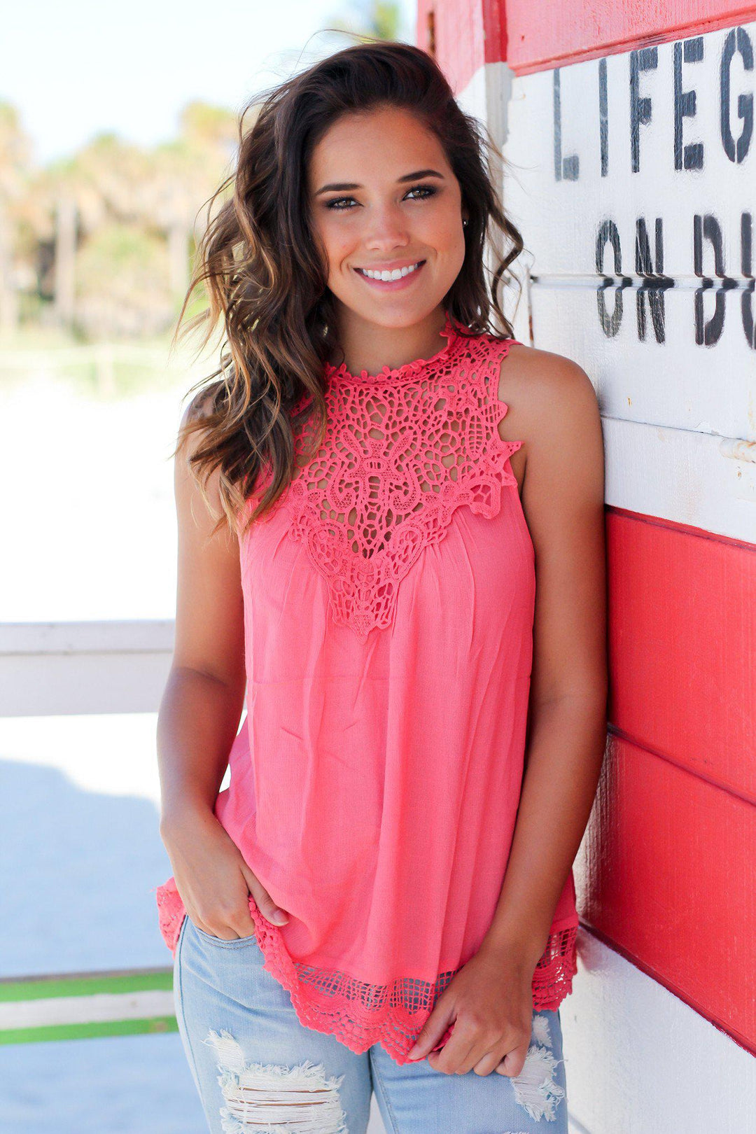 coral crochet top