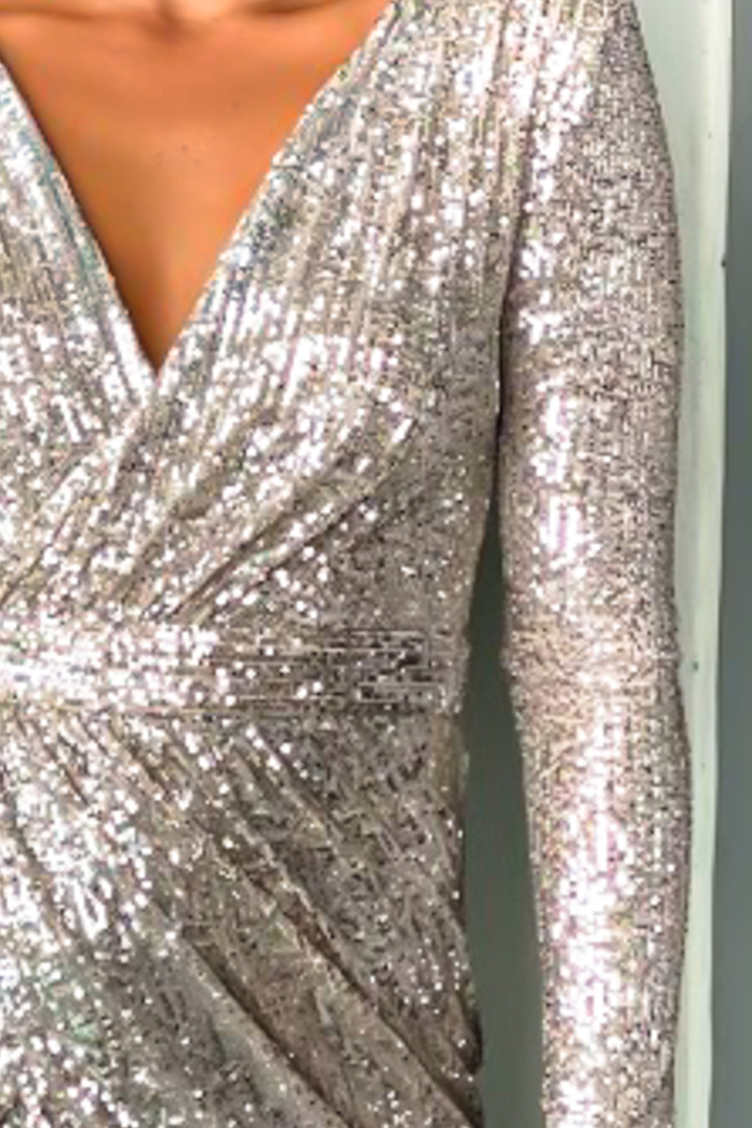 Silver Sequin Short Dress with Sleeves