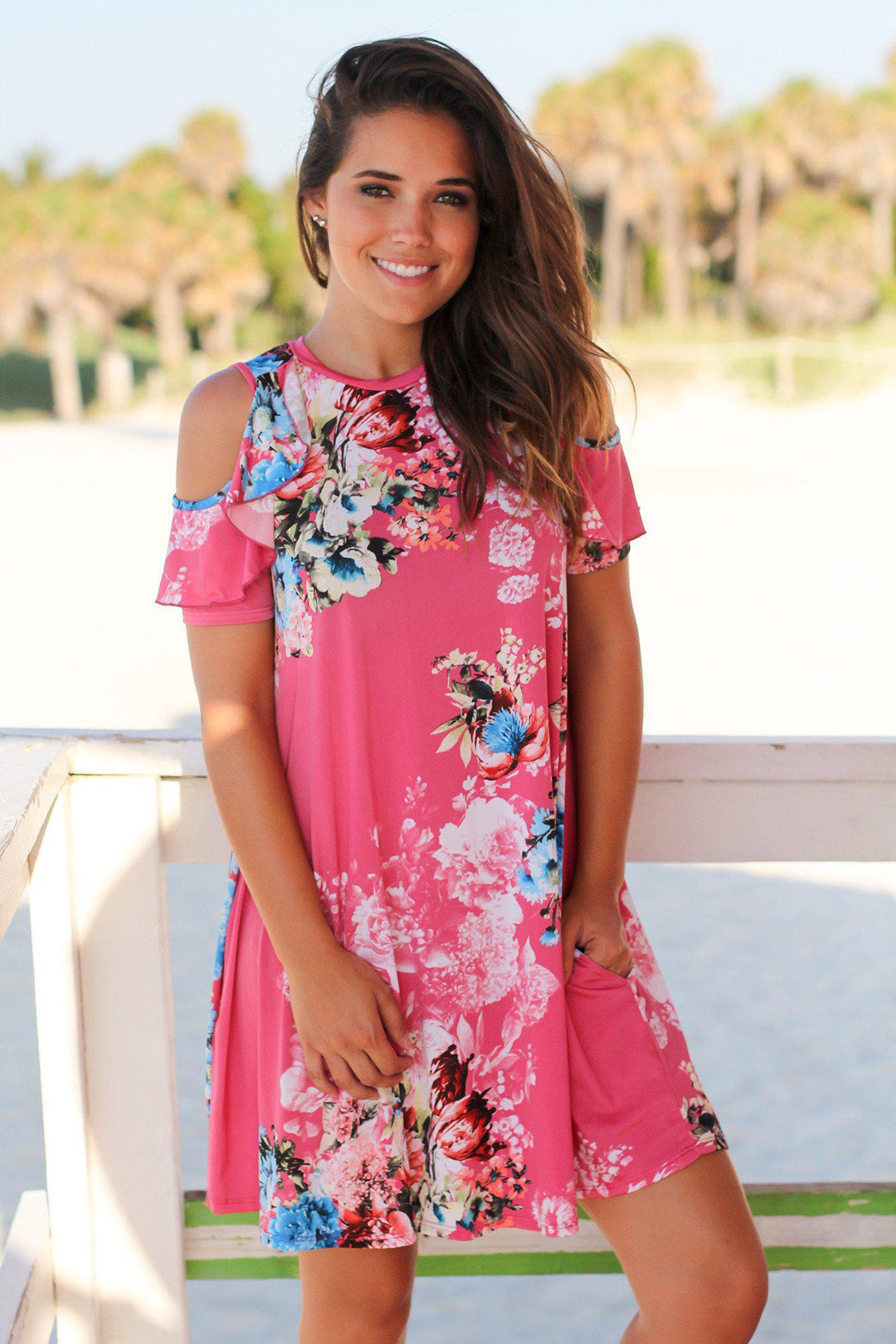 Pink Floral Open Shoulder Short Dress Cute Dresses – Saved by