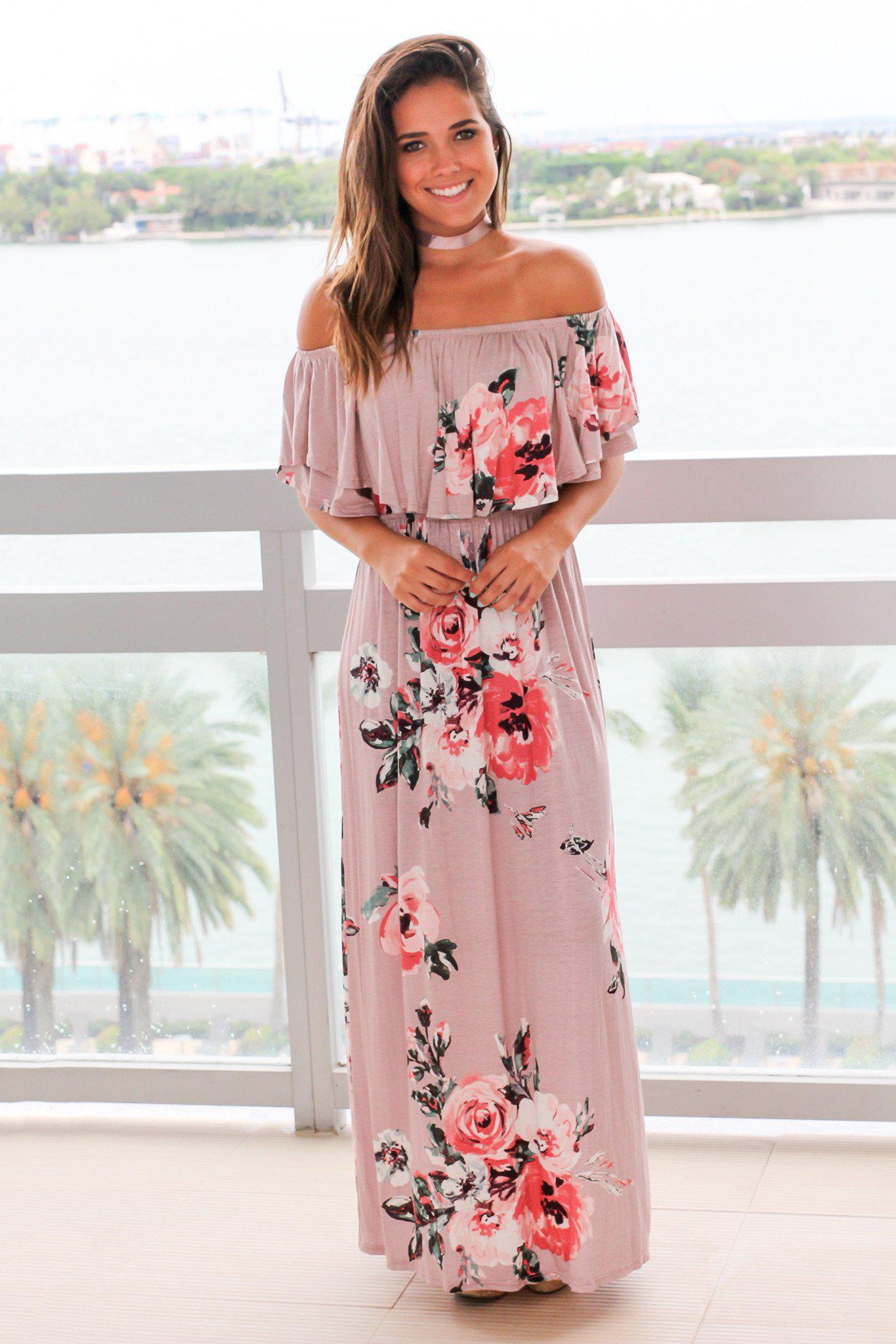 knee length dresses for ladies Pinkblush Mauve Off Shoulder Ruffle Tiered Maternity Maxi Dress Medium
