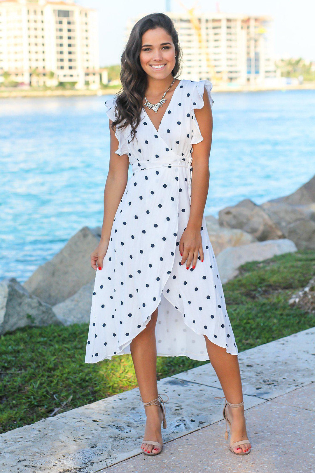 White and Navy Polka Dot Wrap Dress Cute Dresses – Saved by the