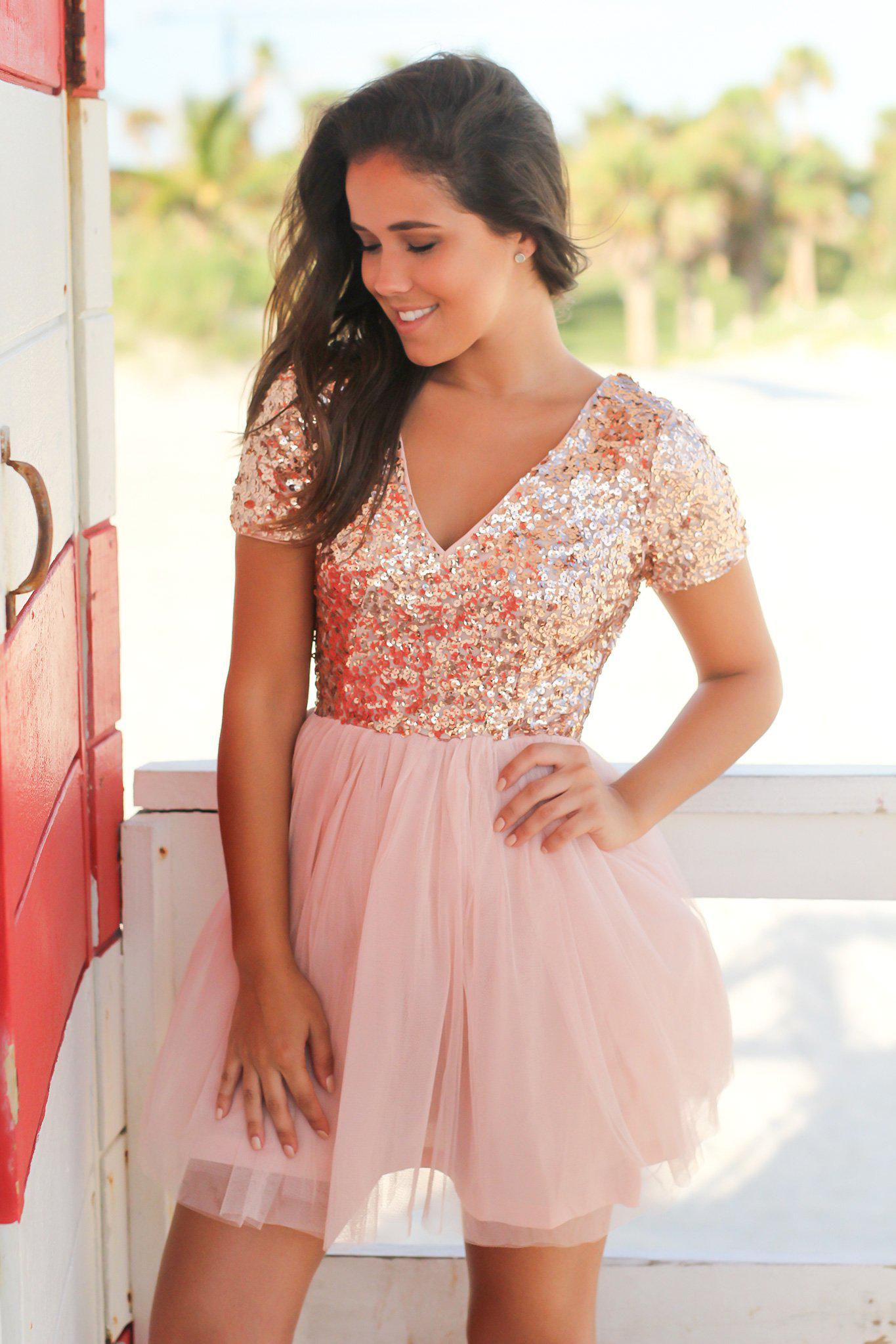 Rose Gold Sequin Top Short Dress | Short Dresses Saved by the Dress Rose Gold Sequin Top Short Dress | Short Dresses Saved by the Dress