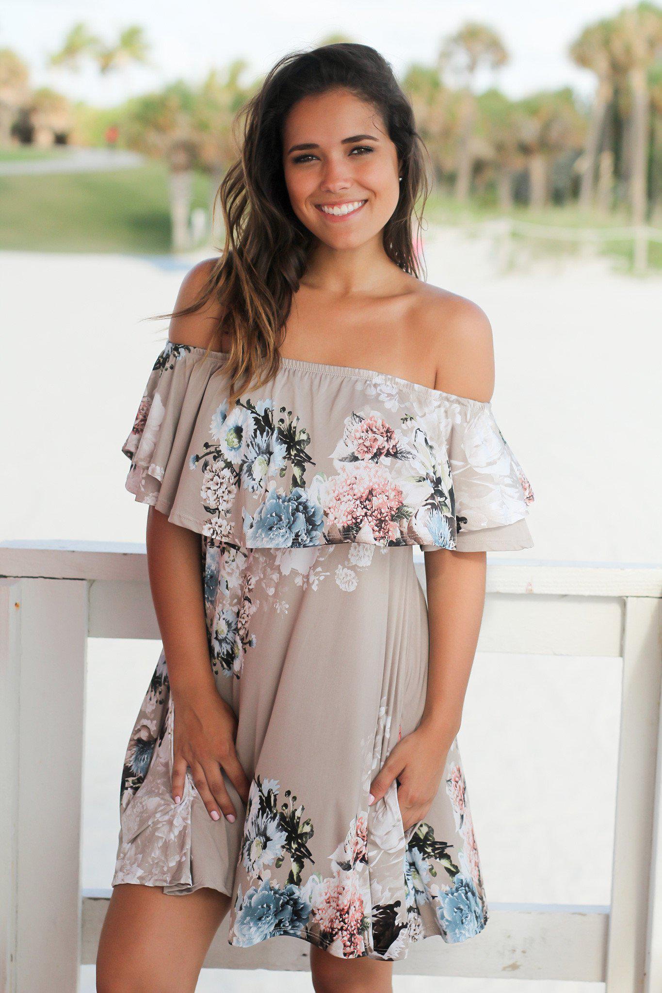 Stone Floral Off Shoulder Short Dress Stone Floral Off Shoulder Short Dress