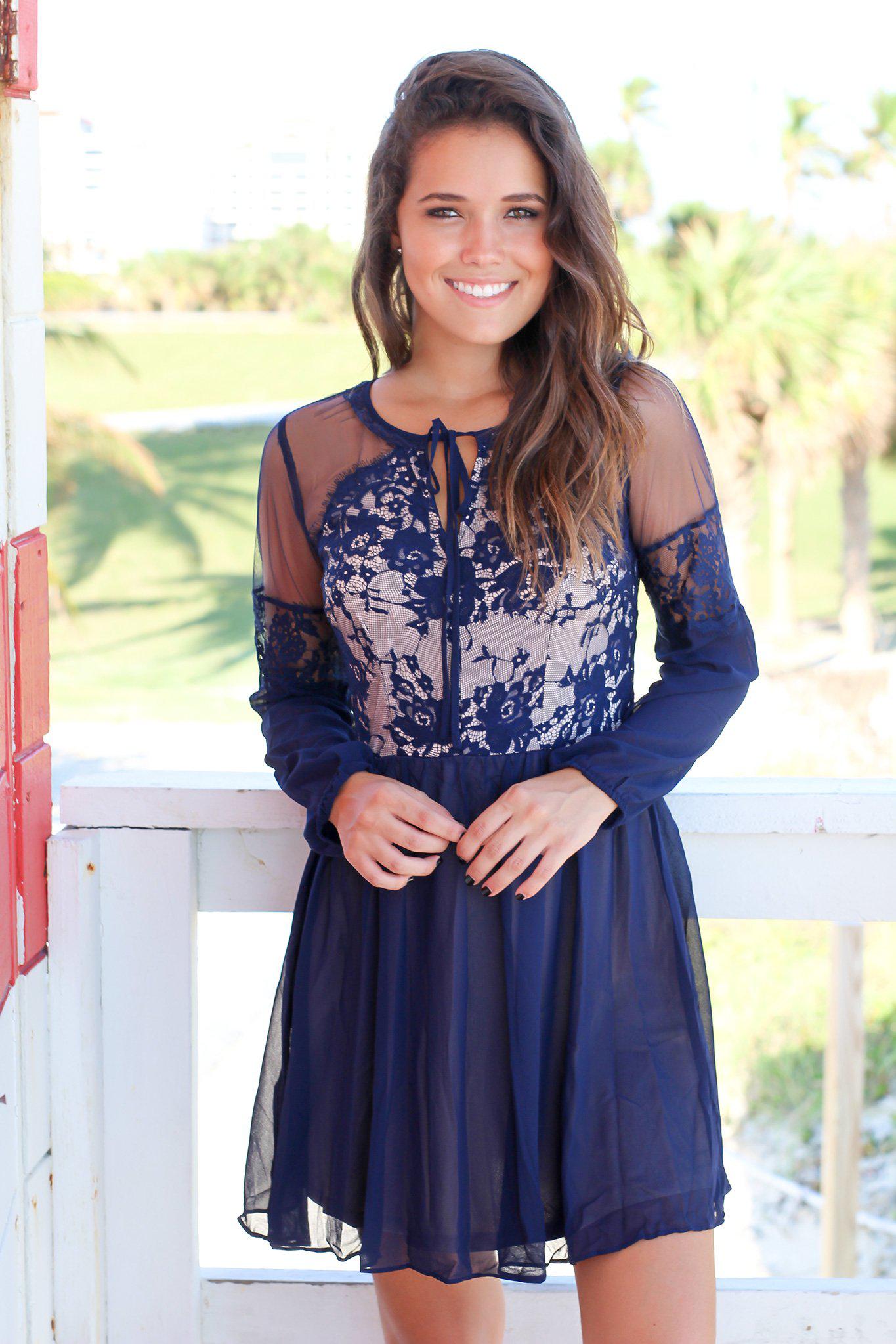 Navy Long Sleeve Short Dress with Lace Top | Short Dresses Saved by the Dress Navy Long Sleeve Short Dress with Lace Top | Short Dresses Saved by the Dress