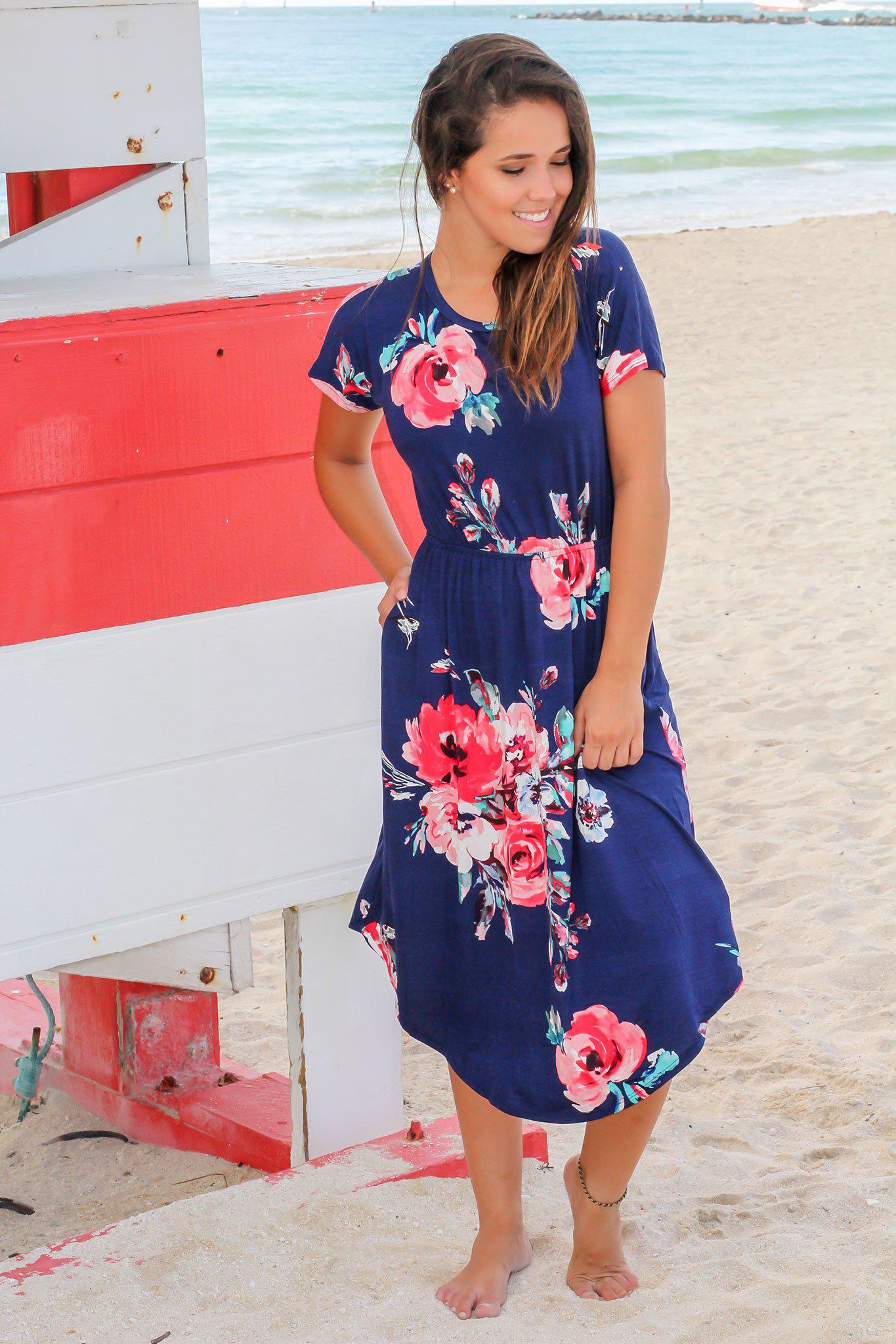 Navy Floral Midi Dress with Short Sleeves
