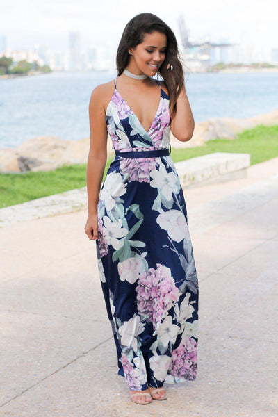 Navy Floral Maxi Dress with Criss Cross Back