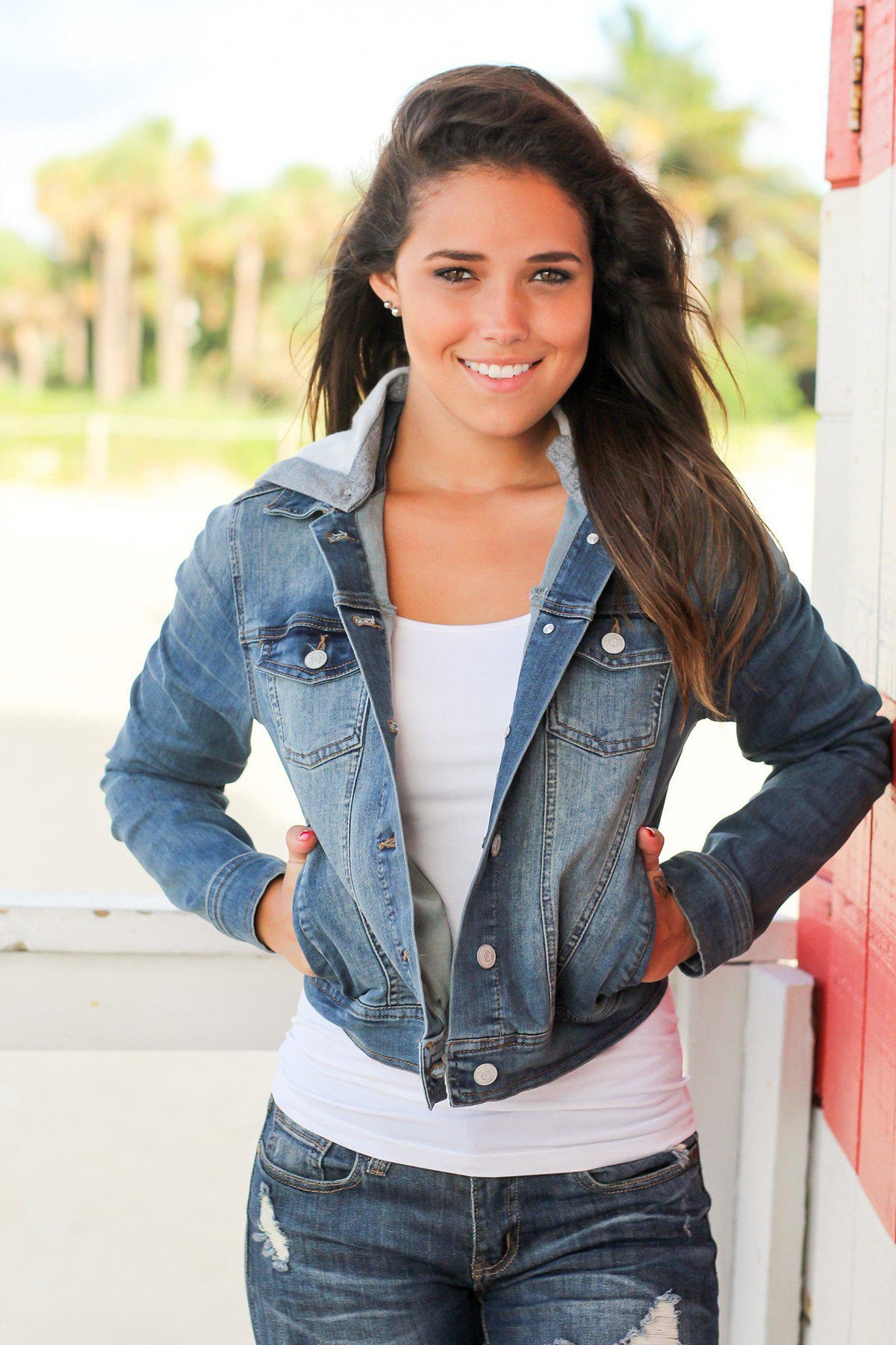 Denim Jacket with Detachable Hood | Online Boutiques – Saved by the Dress