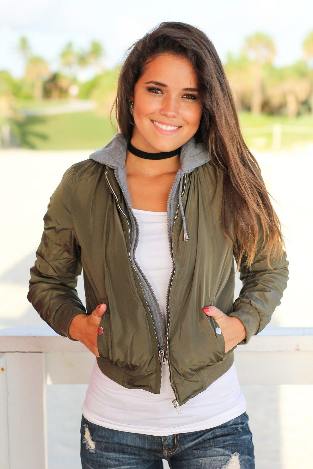 Olive Bomber Jacket with Gray Hood | Cute Jackets – Saved by the Dress