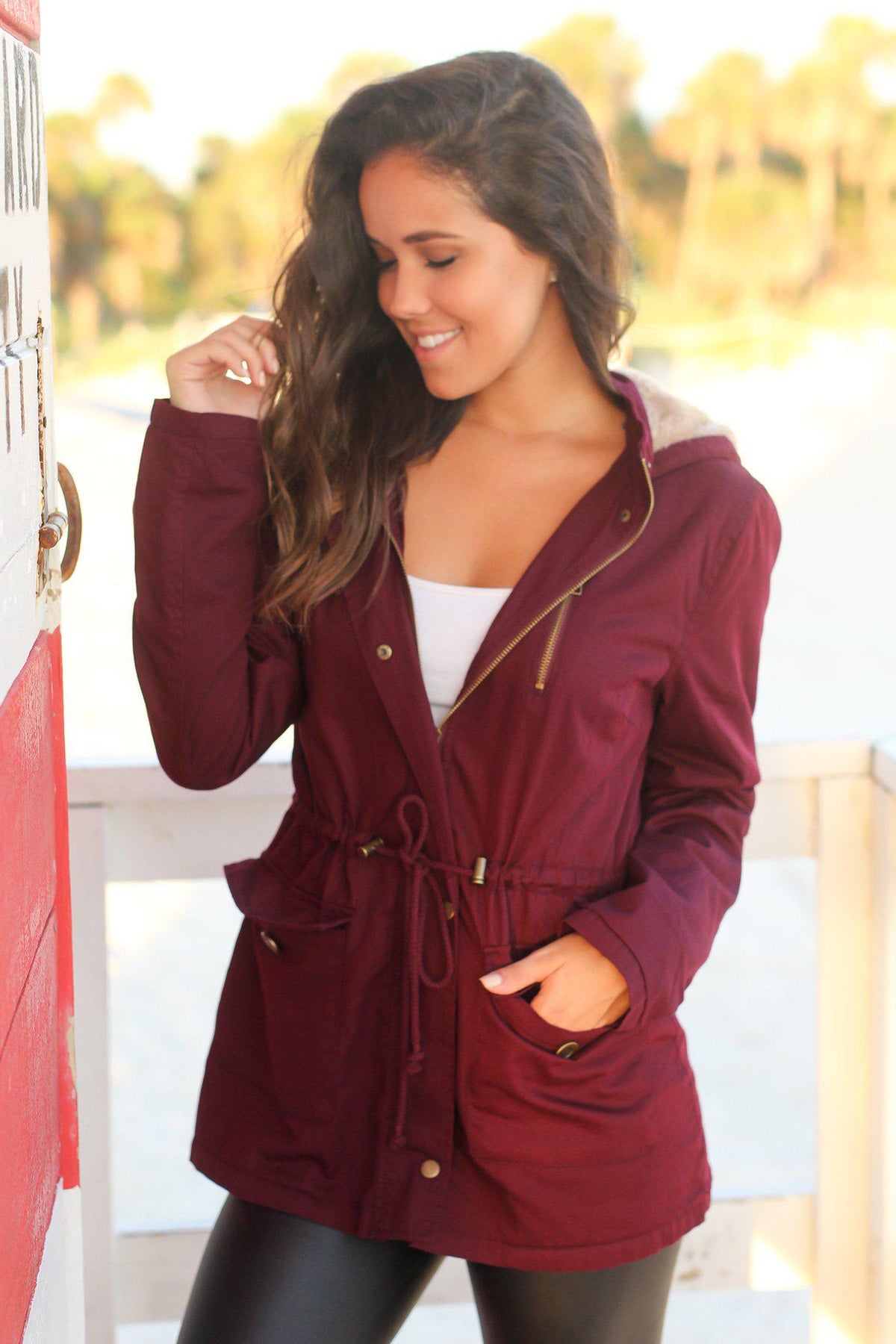 Burgundy Jacket with Fur Lined Hood | Jackets – Saved by the Dress