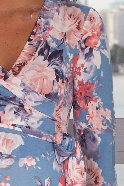 Blue and Pink Floral Wrap Maternity Maxi Dress