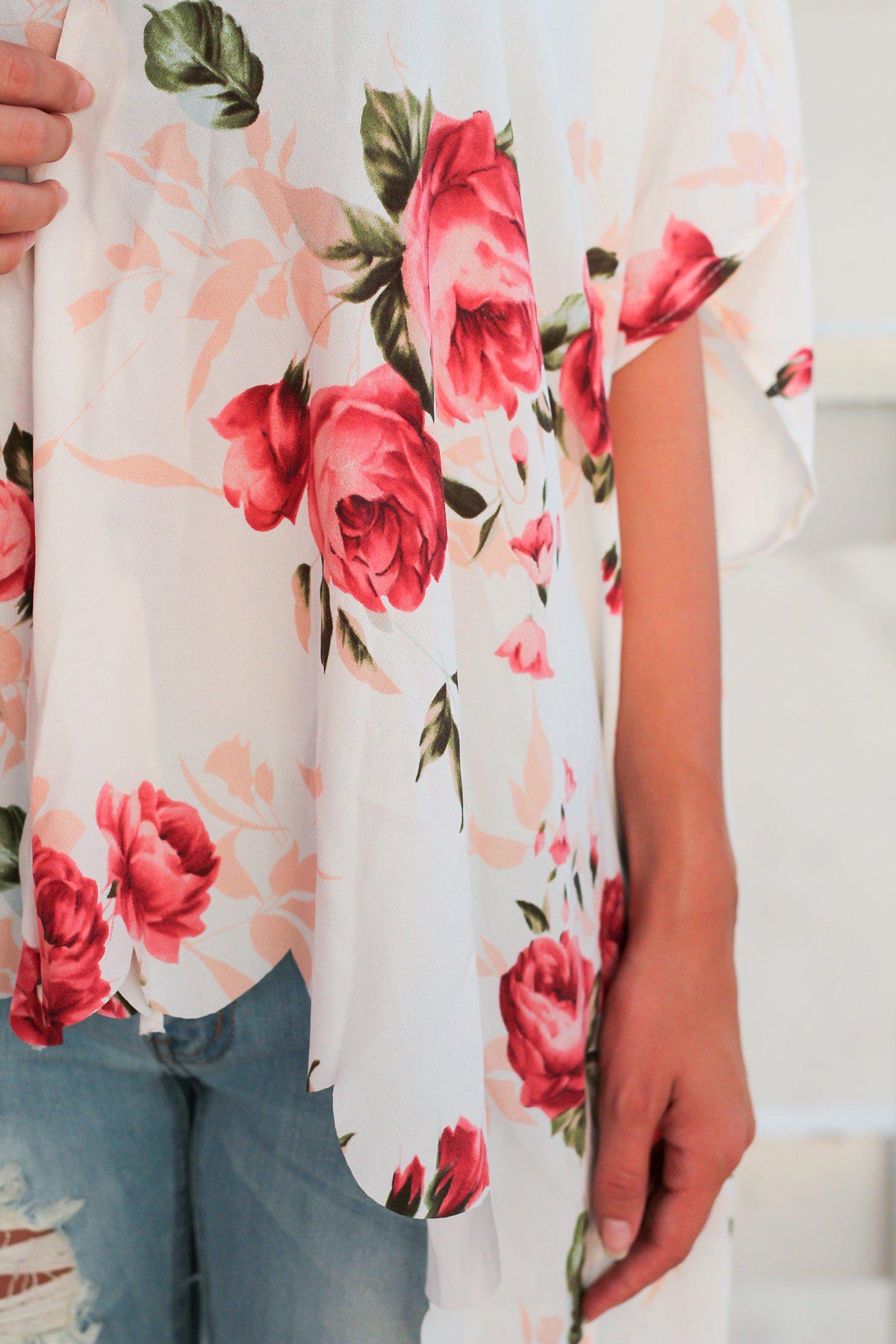Ivory Floral Scalloped Kimono | Online Boutiques – Saved by the Dress
