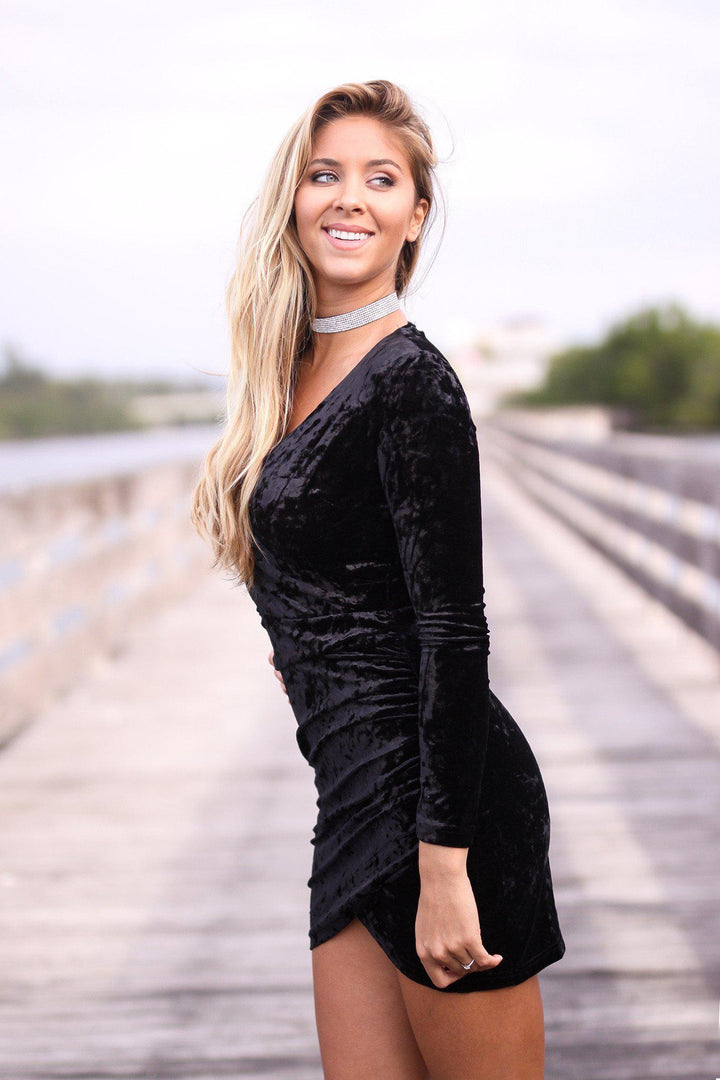 Black Crushed Velvet Wrap Dress | Little Black Dress