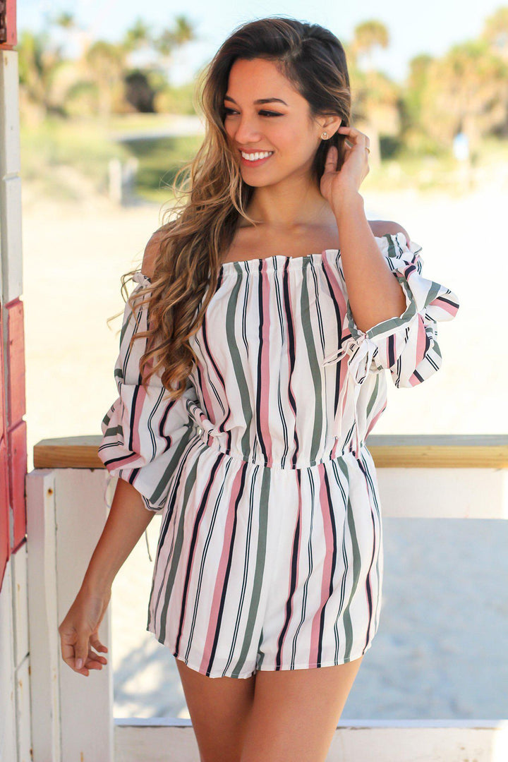 Off White and Pink Striped Off Shoulder Romper Rompers Saved by the Dress