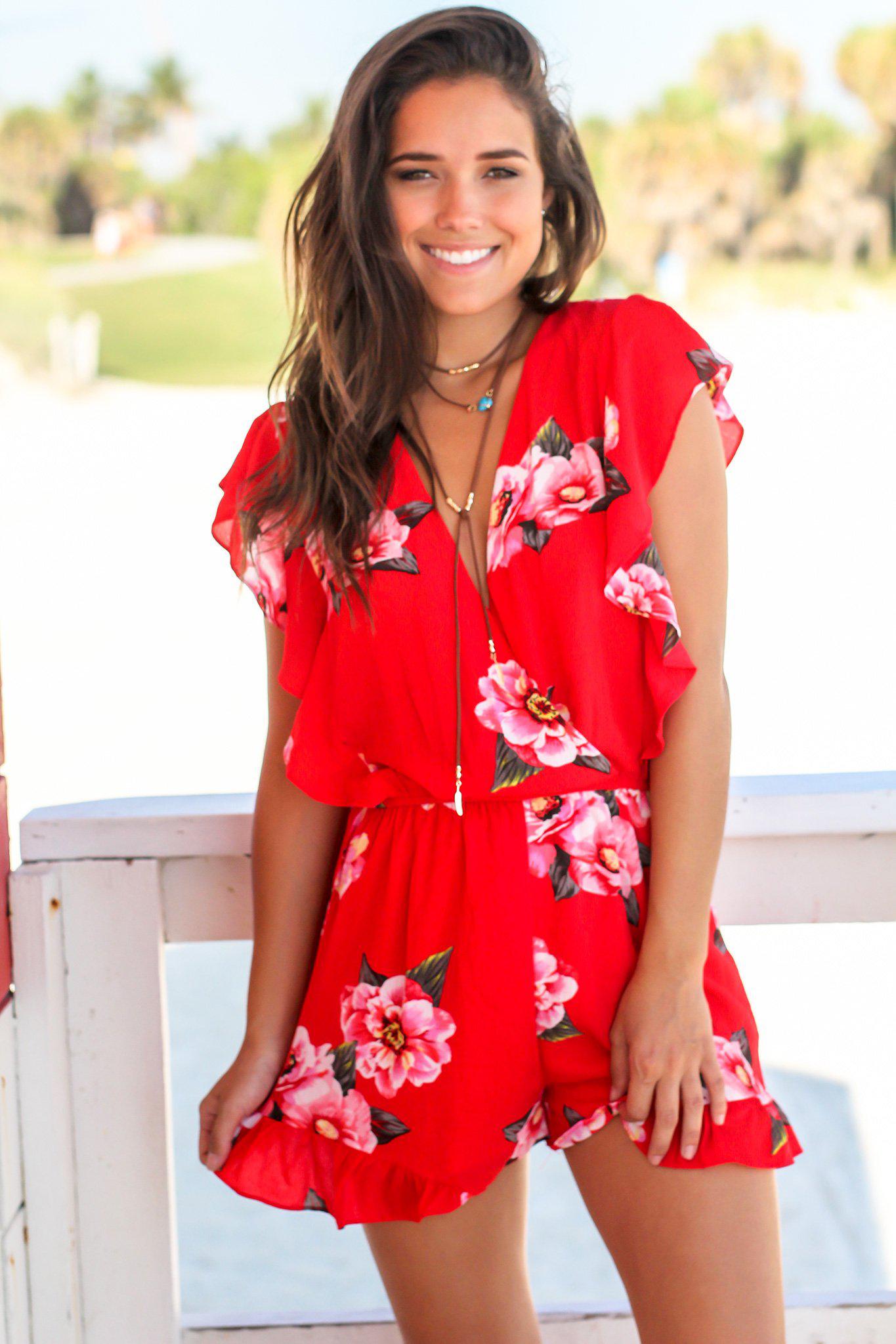 Red Ruffled Sleeve Floral Romper | Rompers – Saved by the Dress