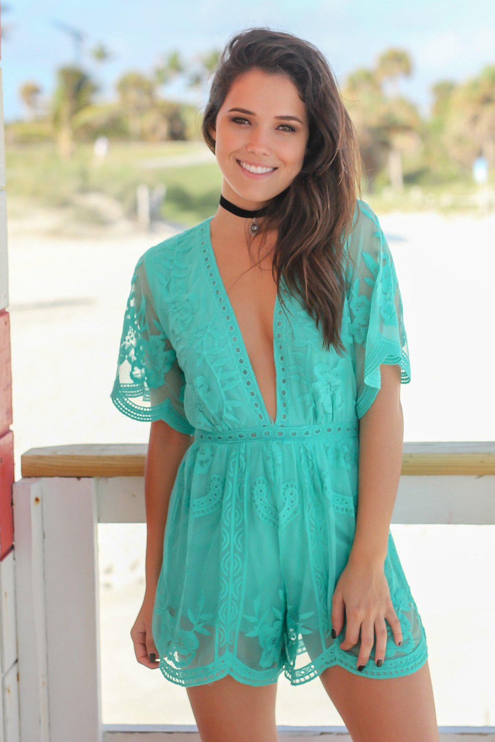 Turquoise Short Lace Romper | Lace Romper | Online Boutiques – Saved by the  Dress