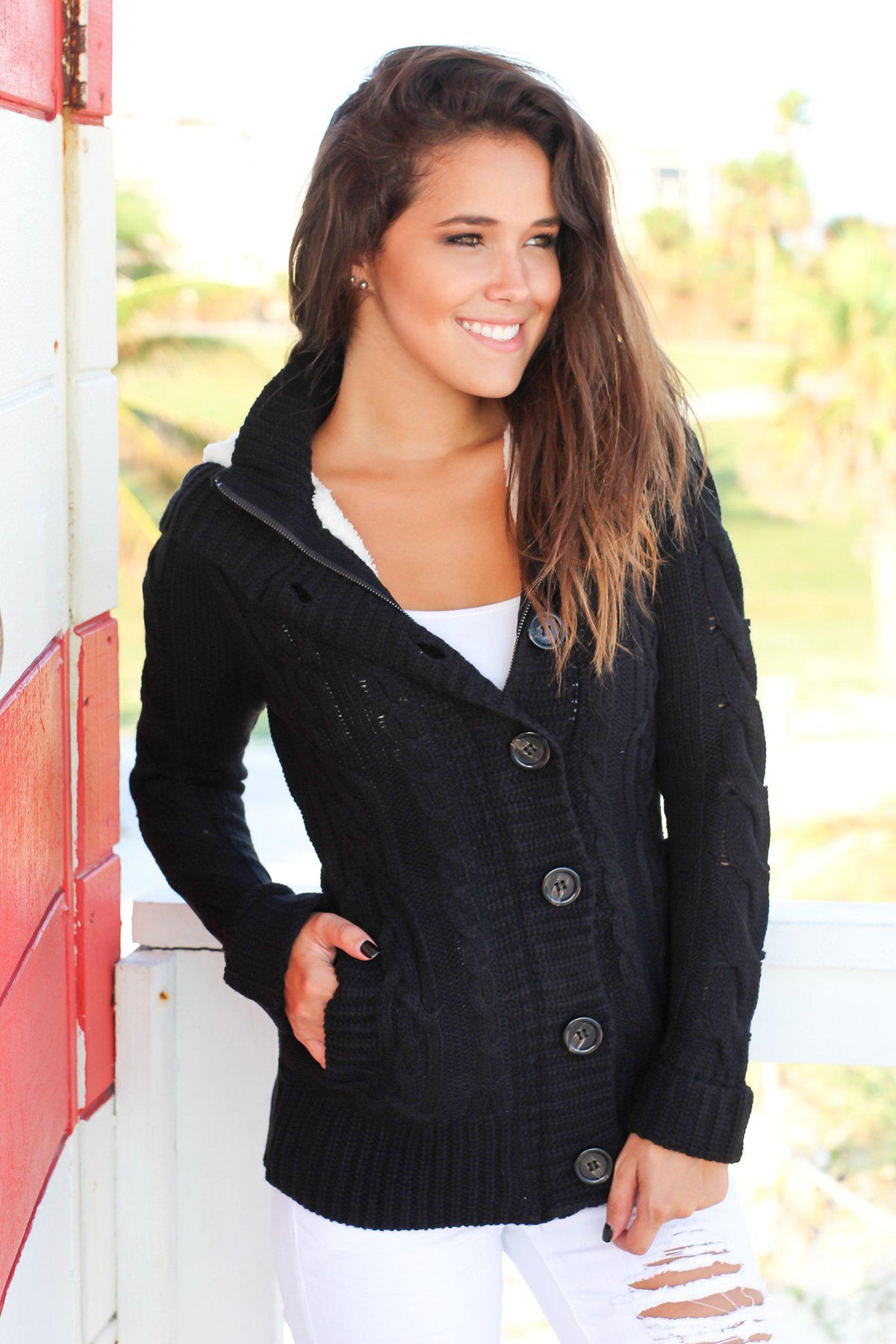 Black Sweater With Fur Hood | Sweaters – Saved by the Dress