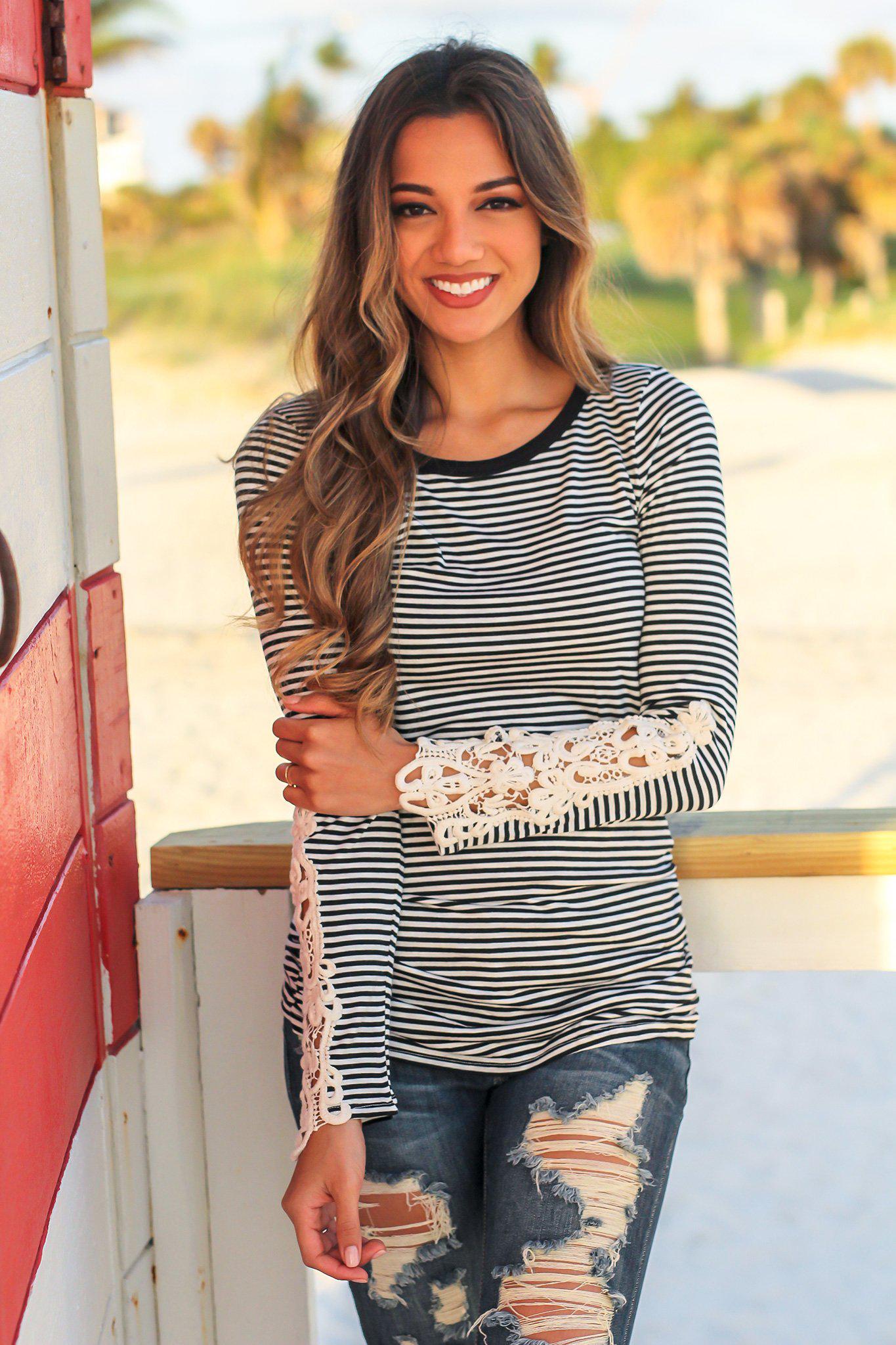 Black Striped Long Sleeve Top with Crochet Sleeves