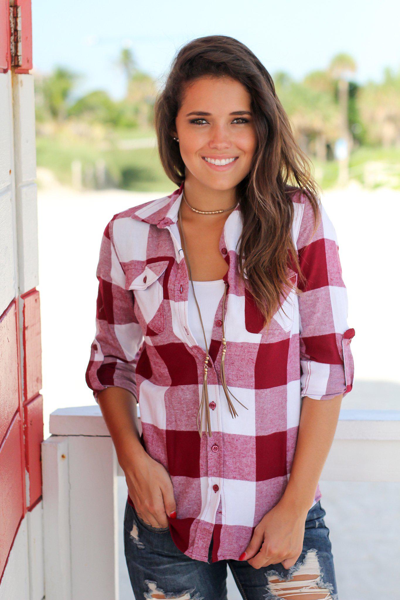 Burgundy and White Plaid Top