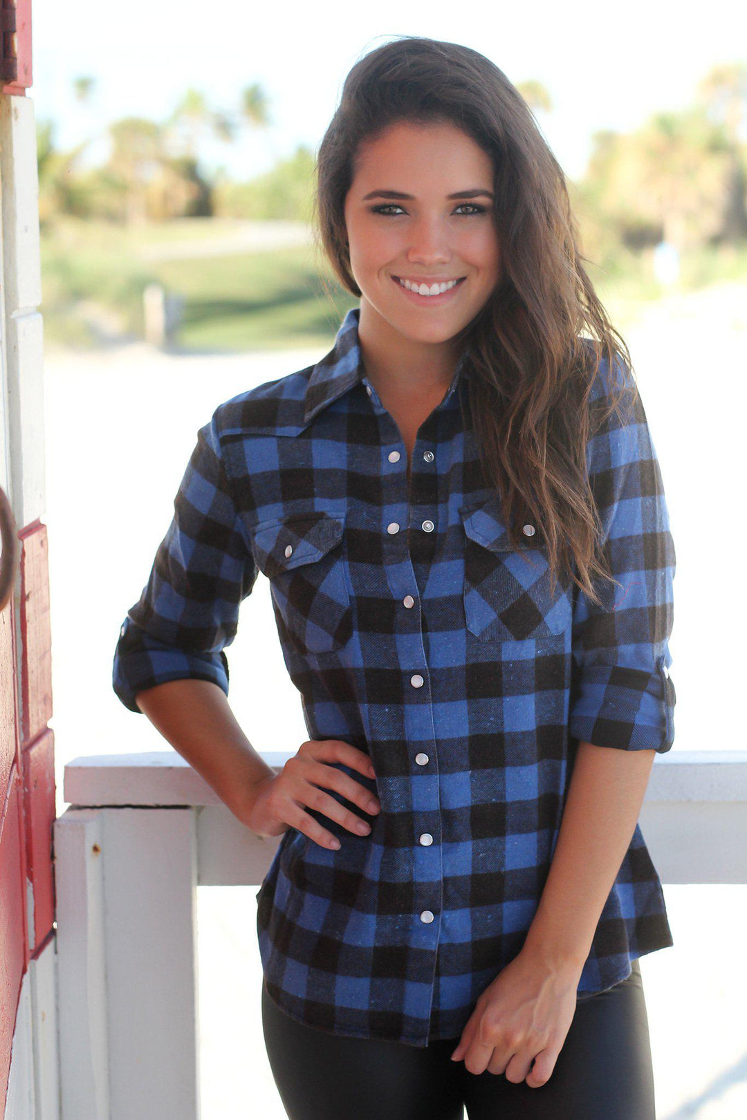 Blue and Black Flannel Top Plaid Top