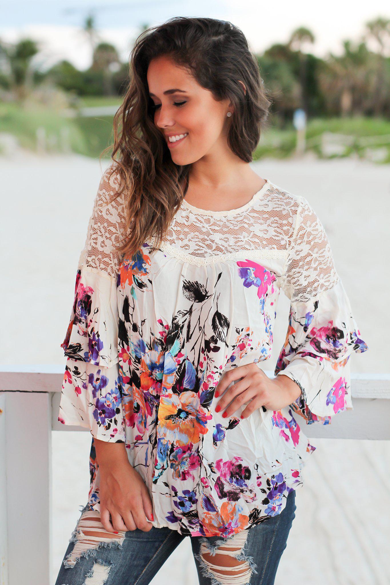 Ivory Floral Lace Top with Bell Sleeves | Cute Tops – Saved by the Dress
