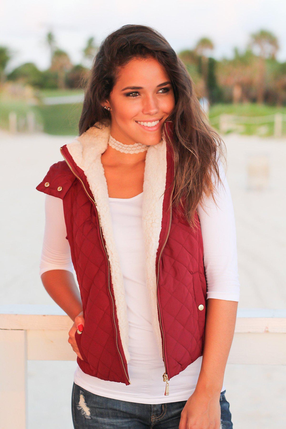 Burgundy Quilted Vest with Fur Collar | Vests – Saved by the Dress