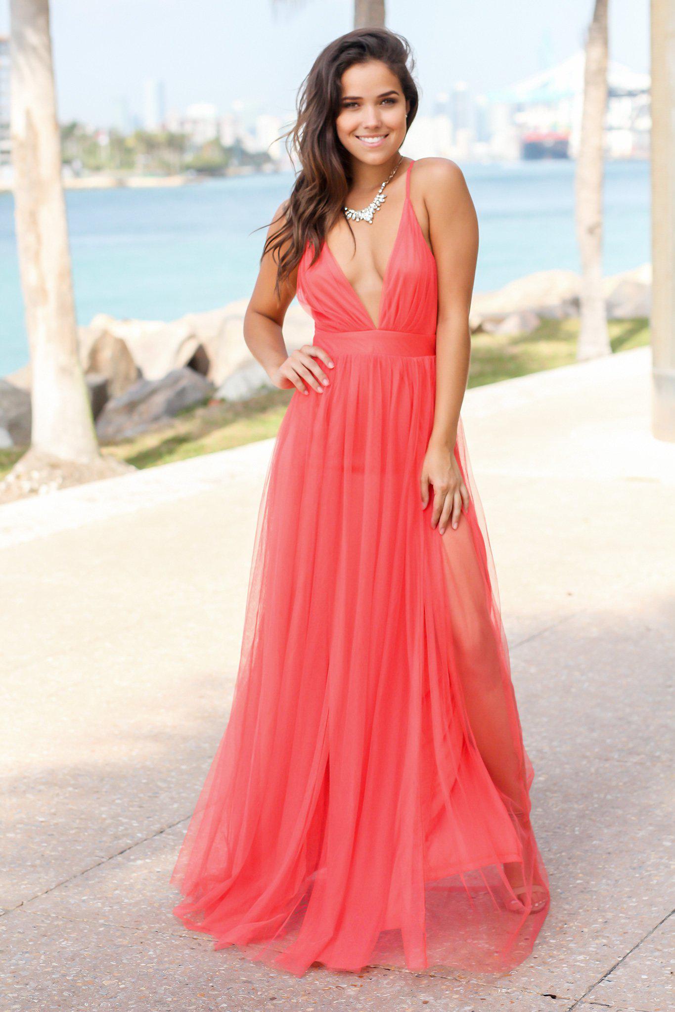 Dark Coral Tulle Maxi Dress with Criss Cross Back