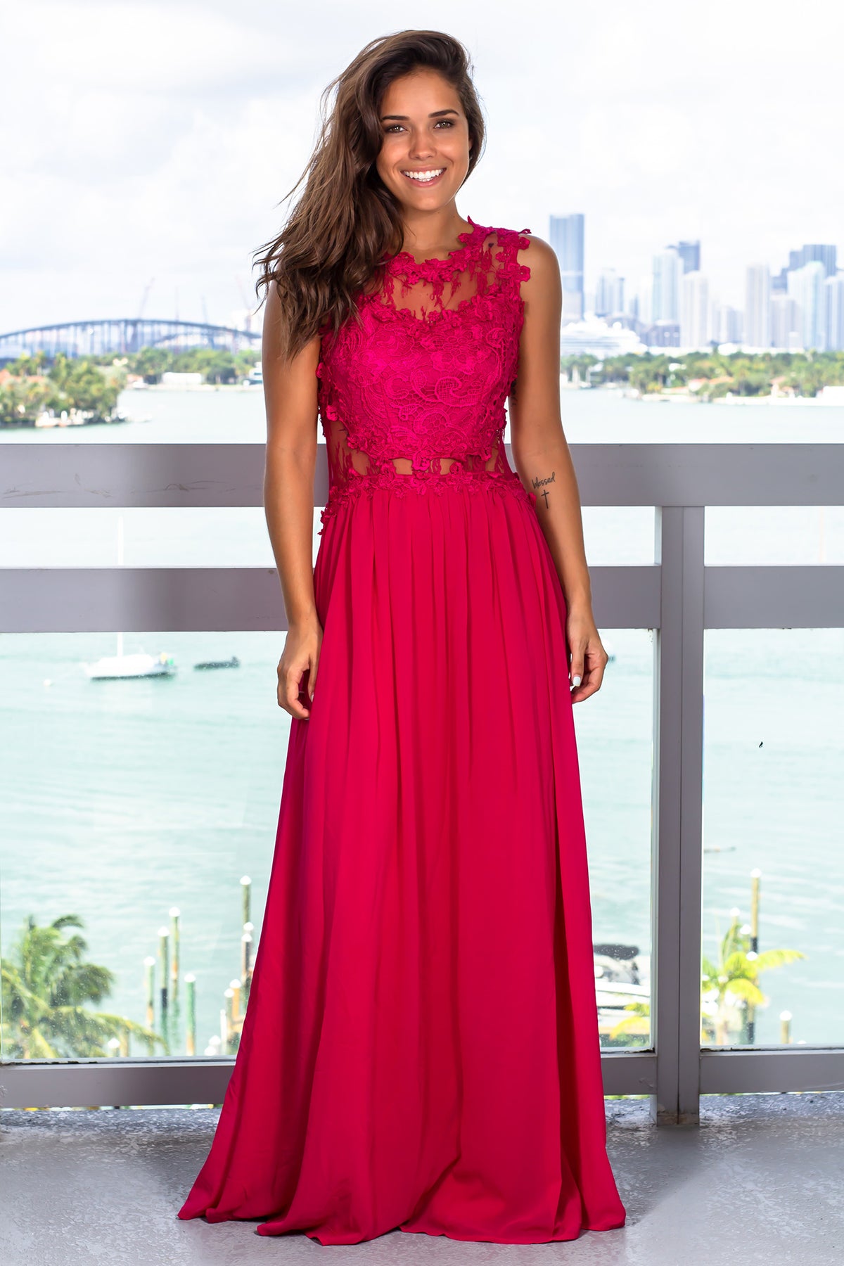 Dark Fuchsia Lace Top Maxi Dress | Formal Dresses – Saved by the Dress