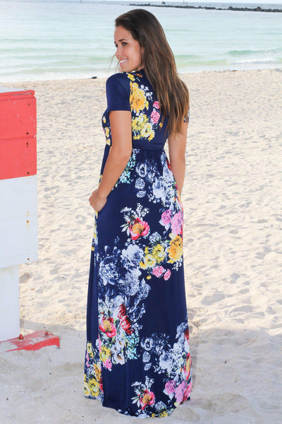 Dark Navy Floral Maxi Dress with Short Sleeves