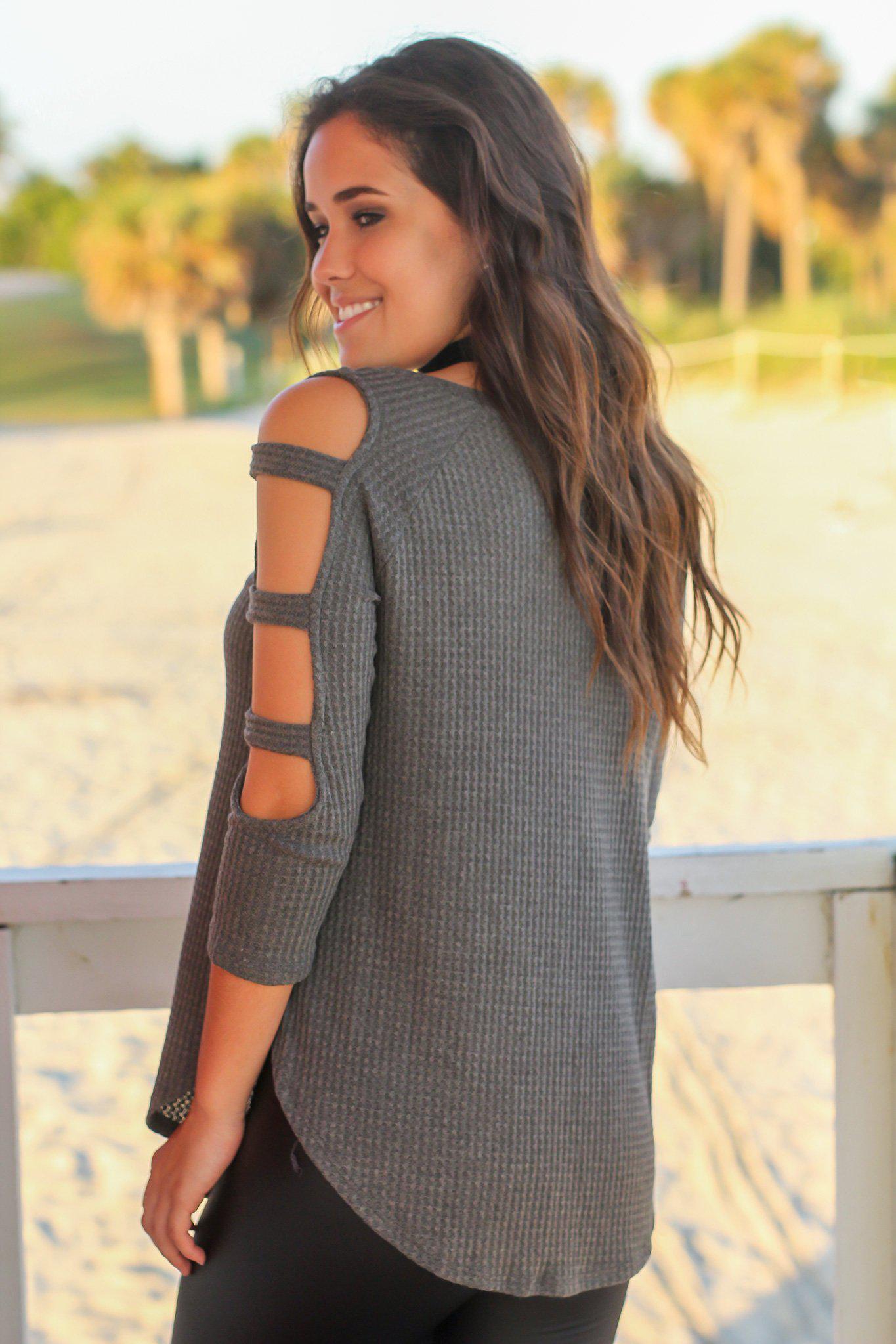 Dark Olive Knit Top with Cut Out Sleeve Detail