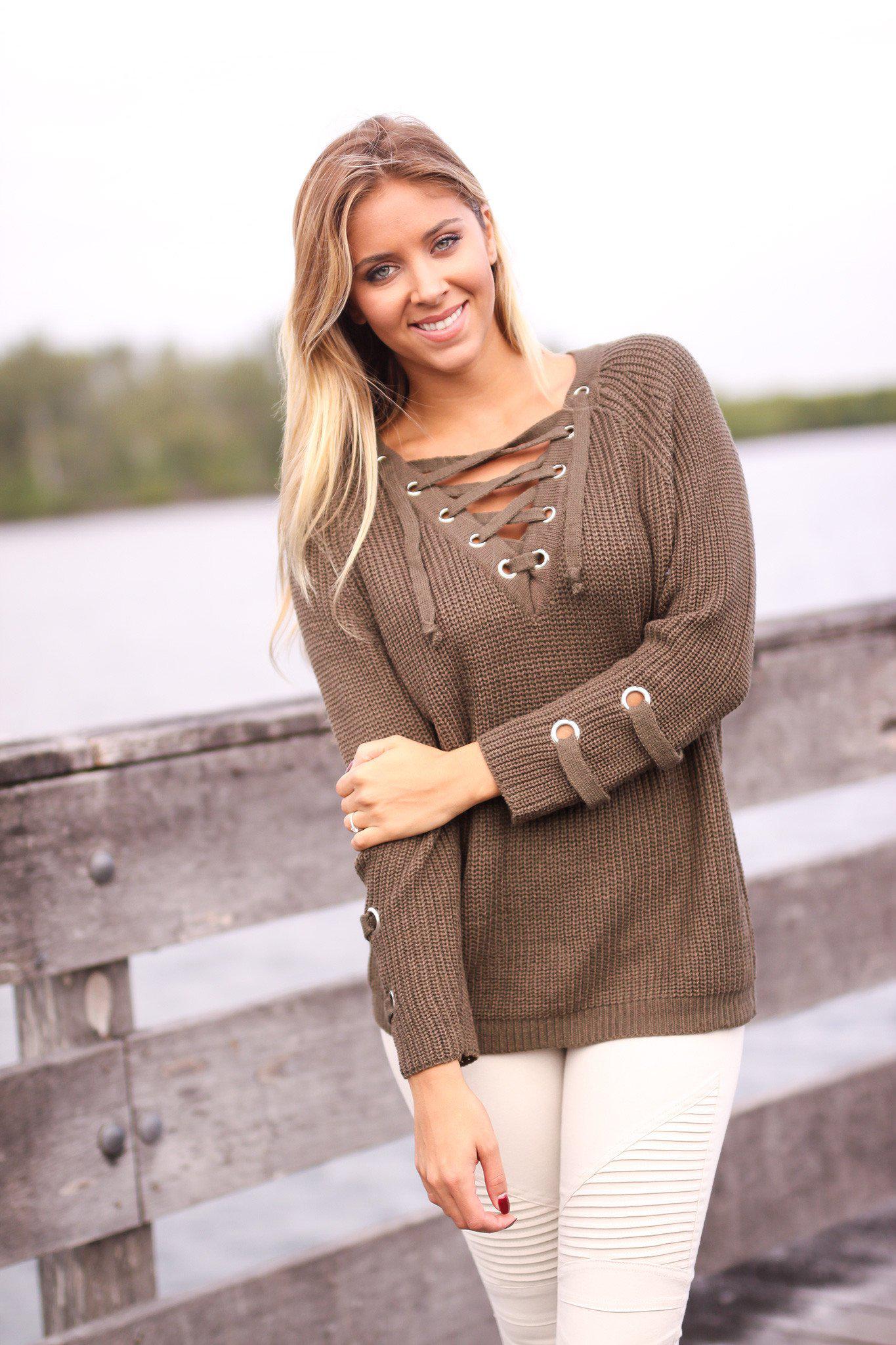 Dark Olive Lace Up Sweater