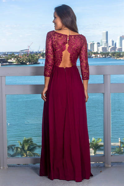 Deep Berry Embroidered Top Maxi Dress with 3/4 Sleeves
