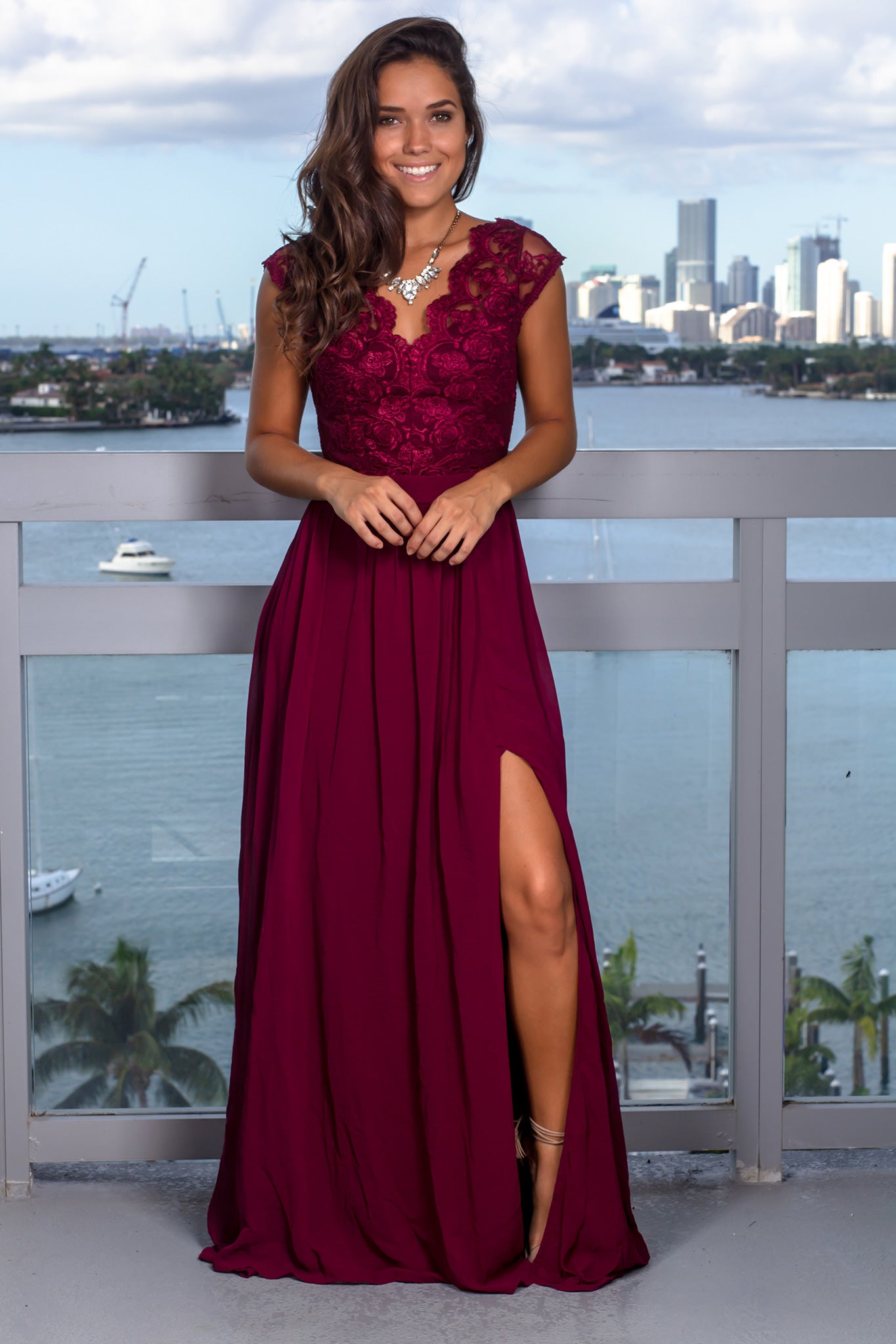 Deep Berry Lace Top Maxi Dress with Open Back and Side Slit