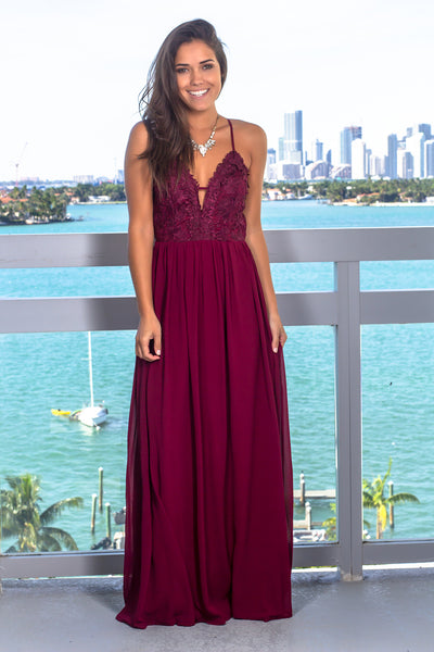 Deep Berry Maxi Dress Embroidered Top and Strappy Back