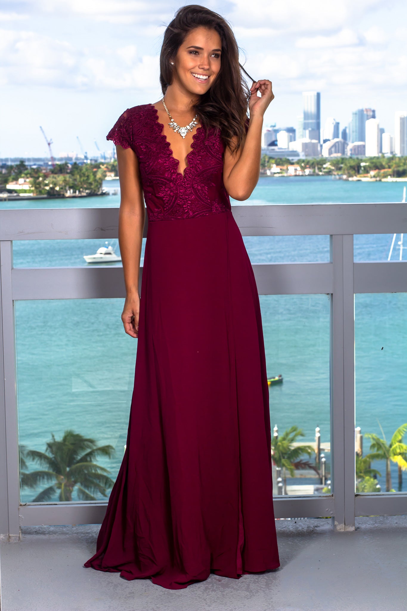 Deep Berry Maxi Dress with Embroidered Top and Slit