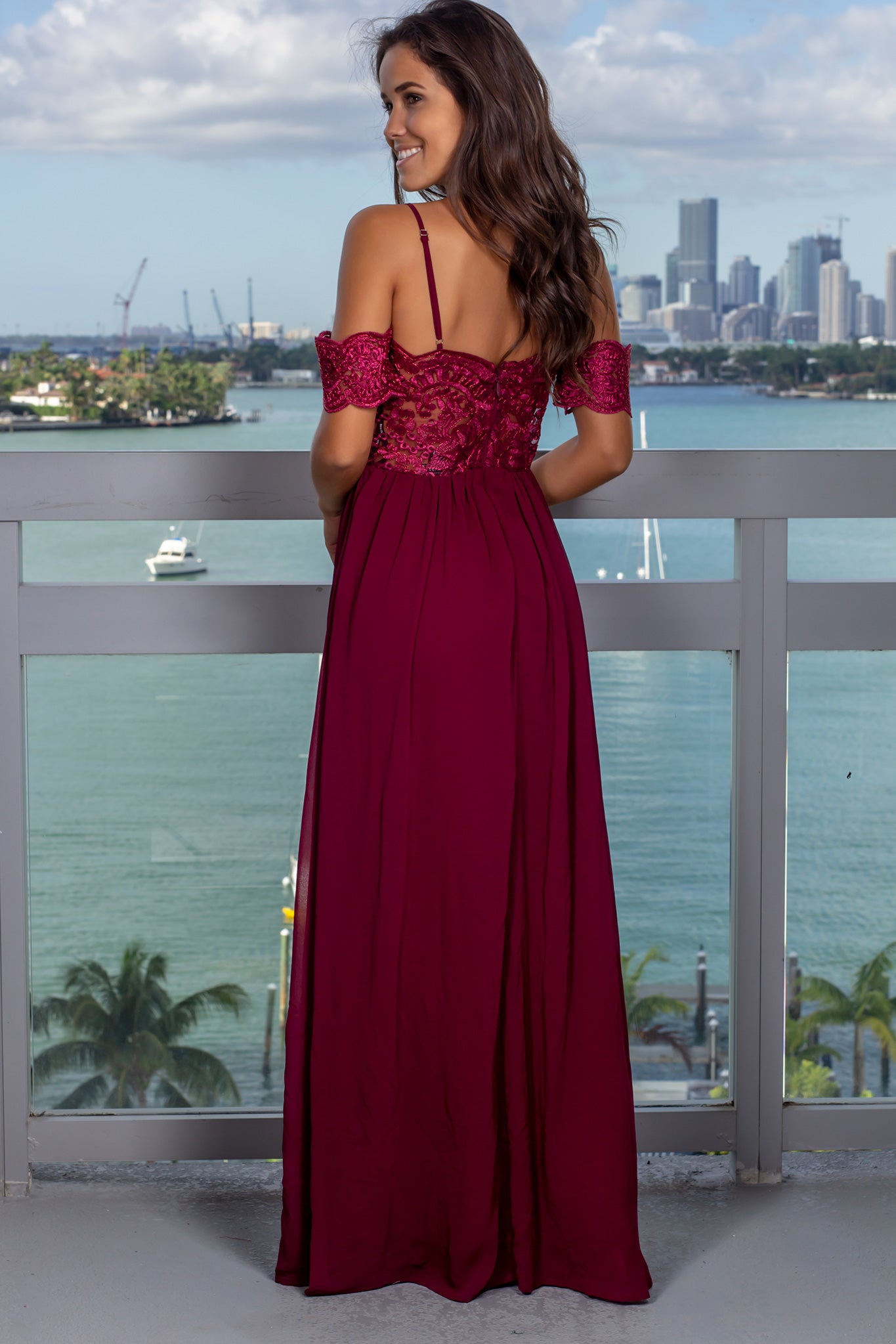 Deep Berry Off Shoulder Embroidered Top Maxi Dress