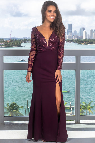 Deep Burgundy Maxi Dress with Sequin Sleeves