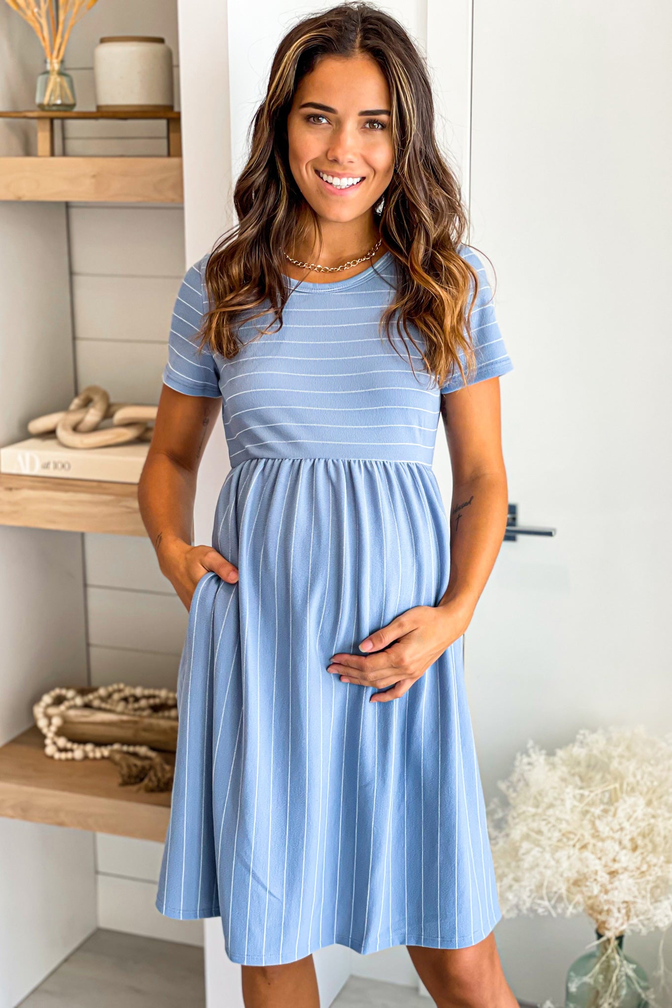 Denim Striped Maternity Short Dress