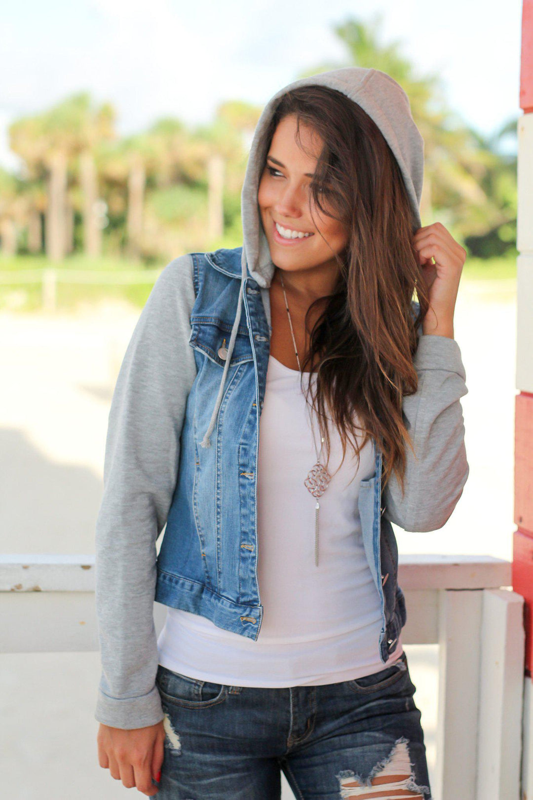 Denim jacket with sweatshirt sleeves sale