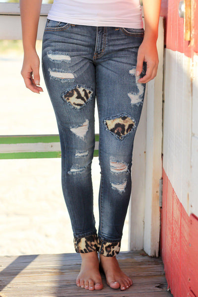 Denim Jeans With Leopard Patches
