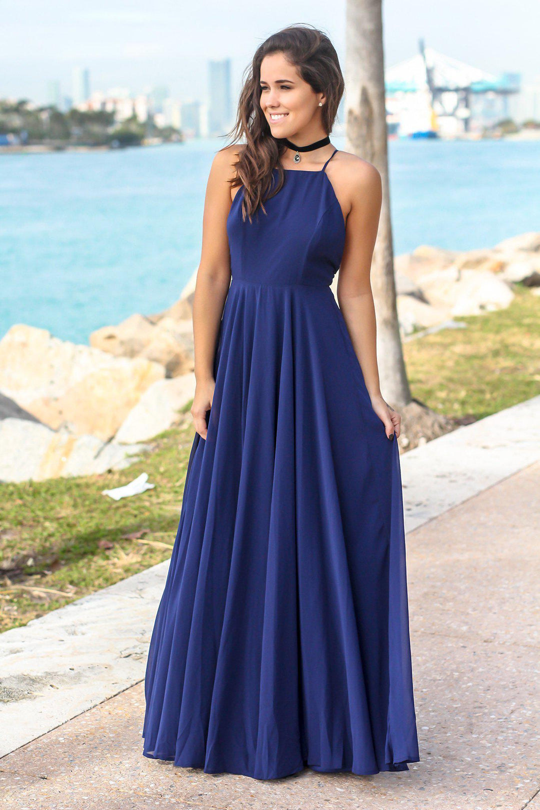 slim fit dress slacks Navy Dress with Criss Cross Back