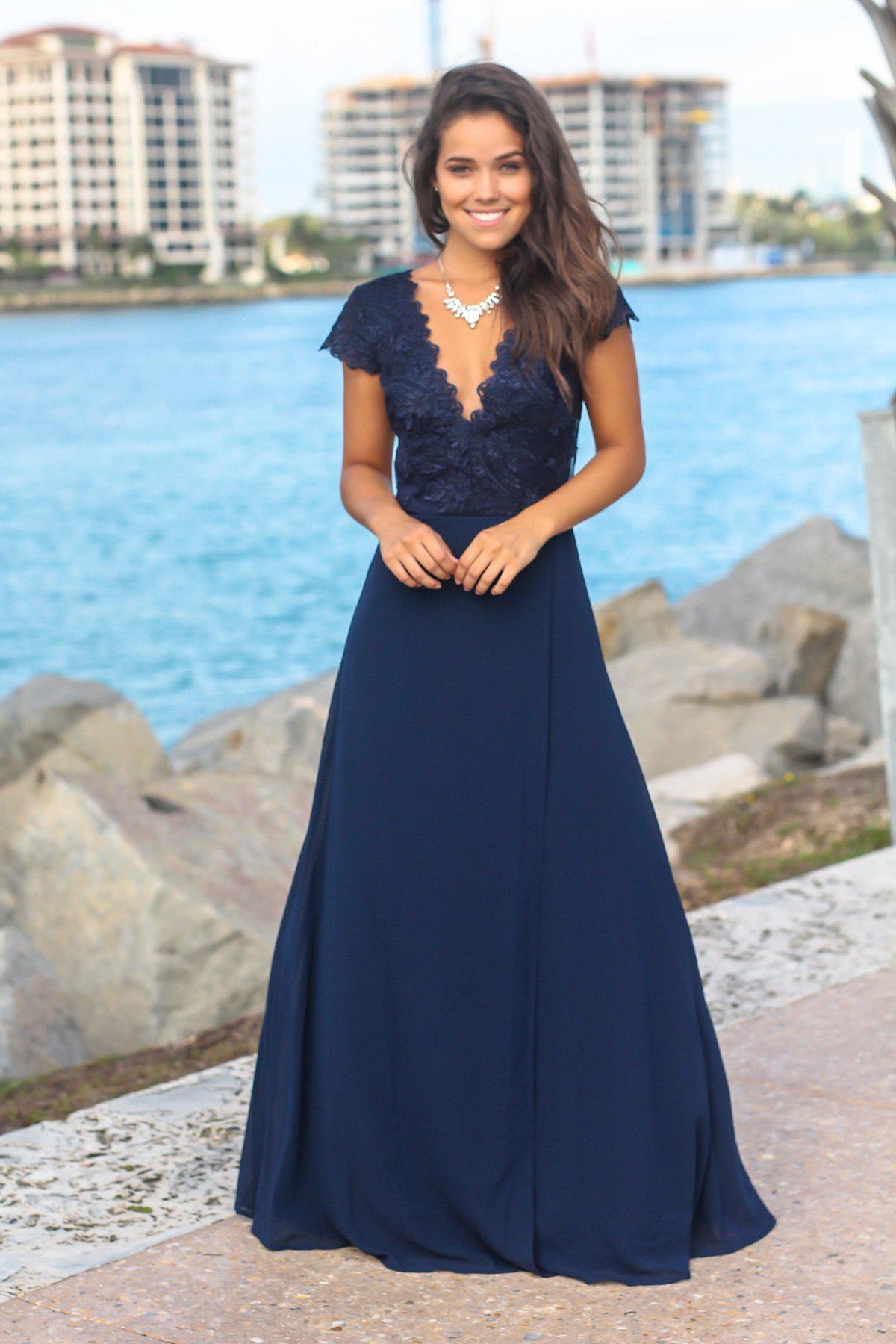 Navy Short Sleeve Maxi Dress with Embroidered Top and Slit | Maxi ...
